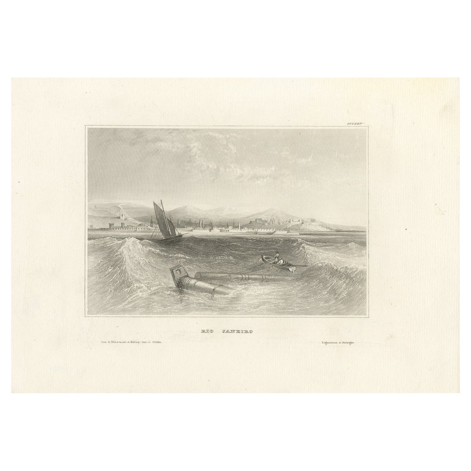 Gravure ancienne de Rio de Janeiro - Vue du port par Schröder & Kunike, années 1830 en vente