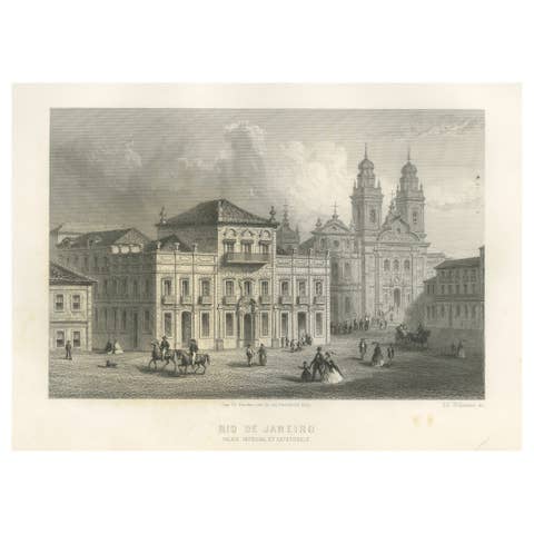 Antique Engraving of Rio de Janeiro, Imperial Palace and Cathedral, c.1867