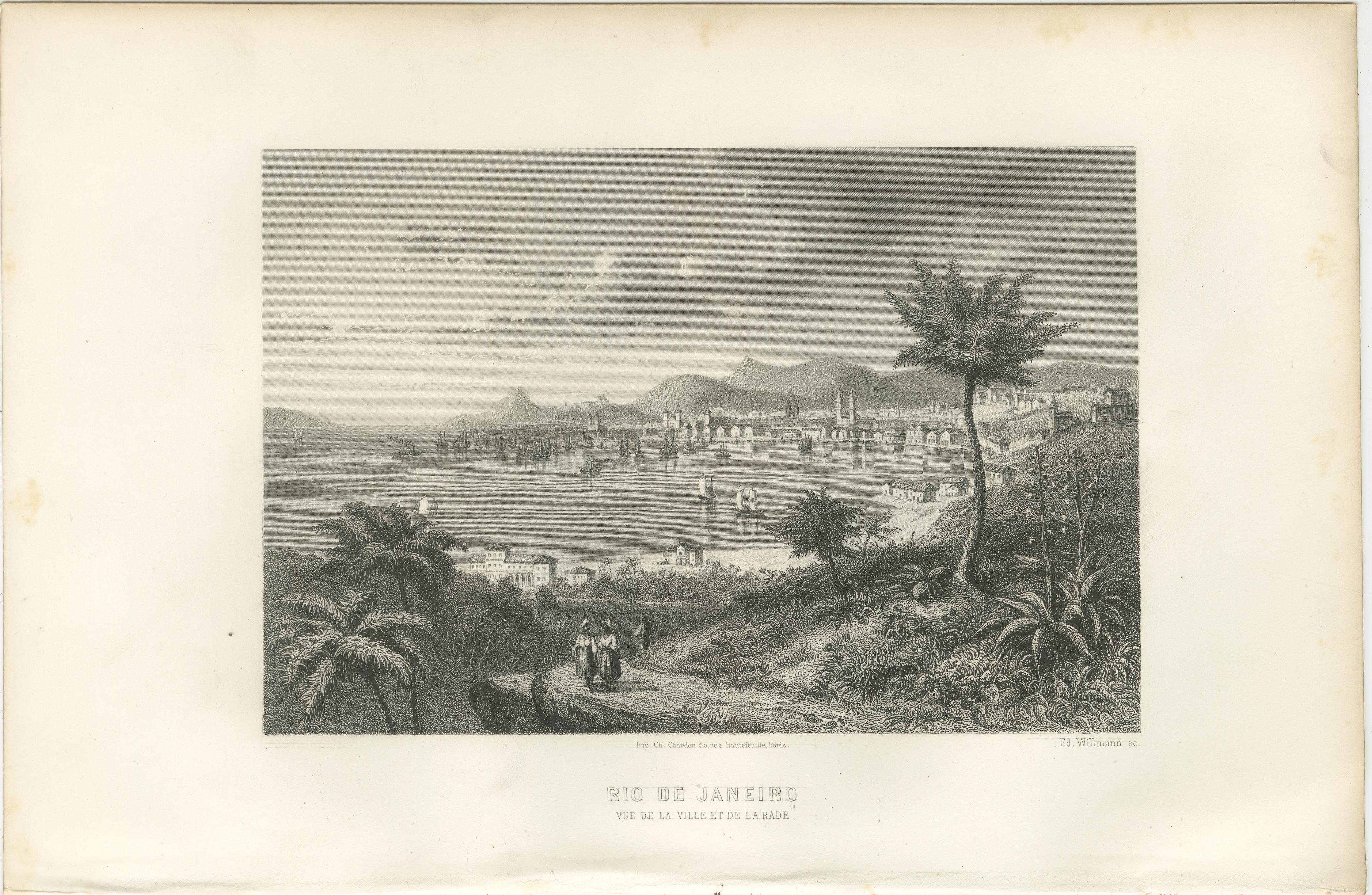 Français Gravure ancienne de Rio de Janeiro - Vue de la ville et de la baie, c.1850 en vente