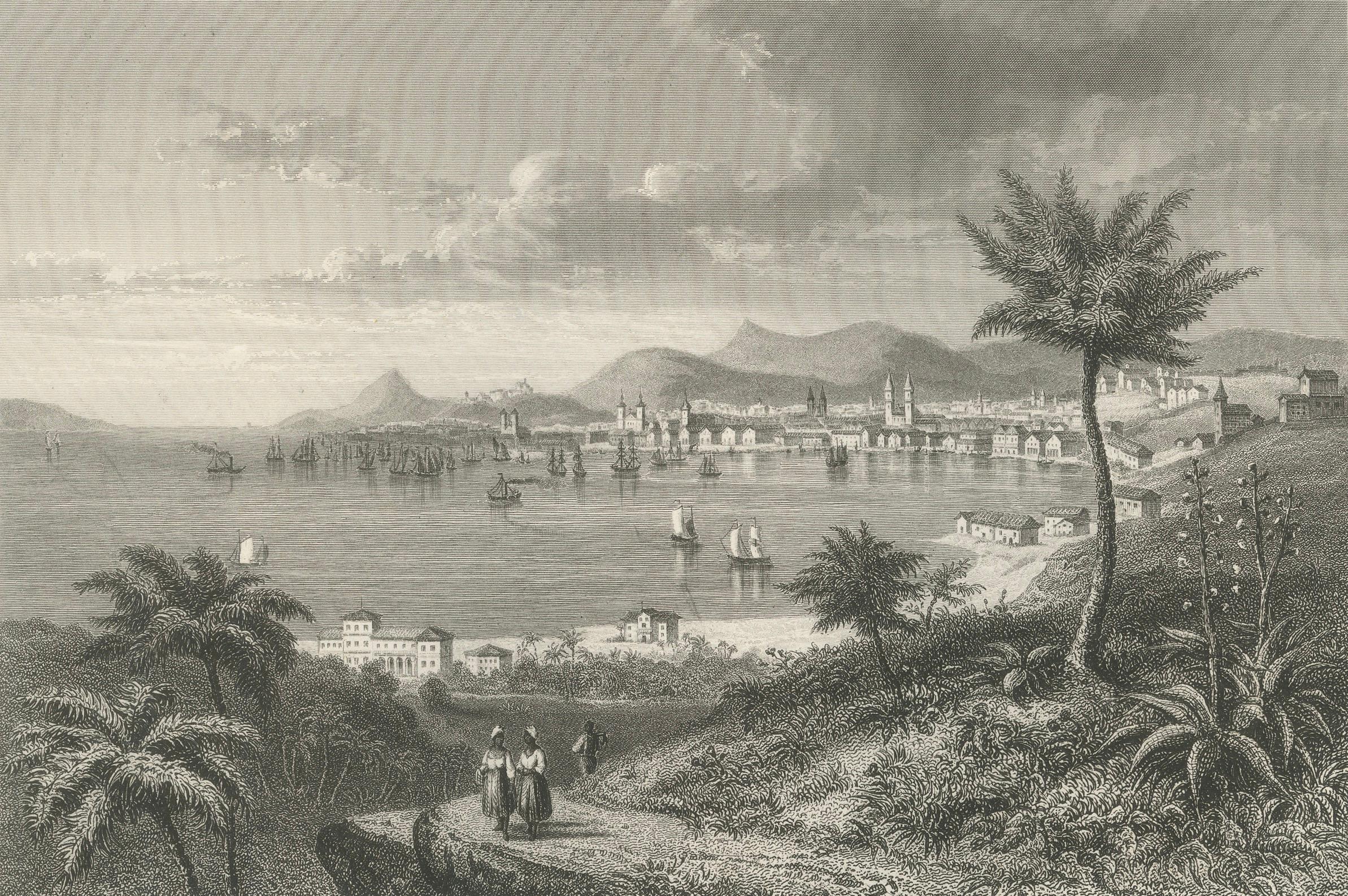 Gravé Gravure ancienne de Rio de Janeiro - Vue de la ville et de la baie, c.1850 en vente