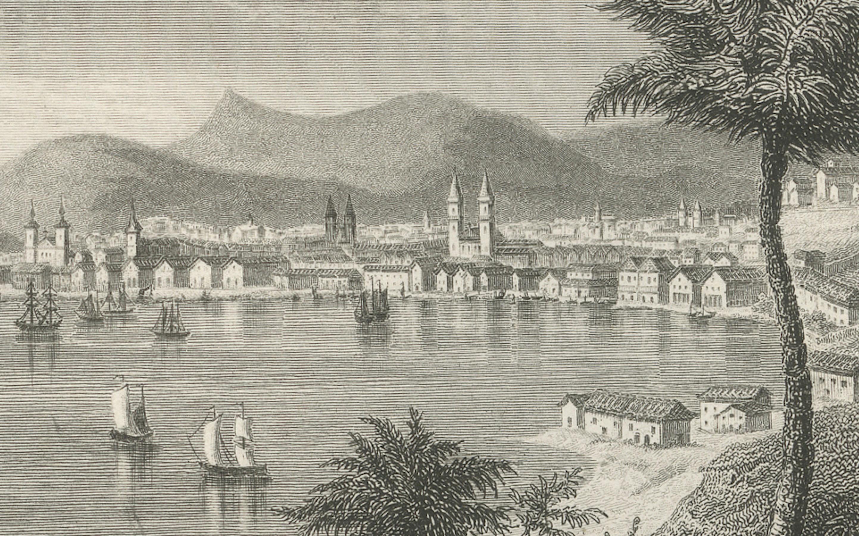 Gravure ancienne de Rio de Janeiro - Vue de la ville et de la baie, c.1850 Bon état - En vente à Langweer, NL