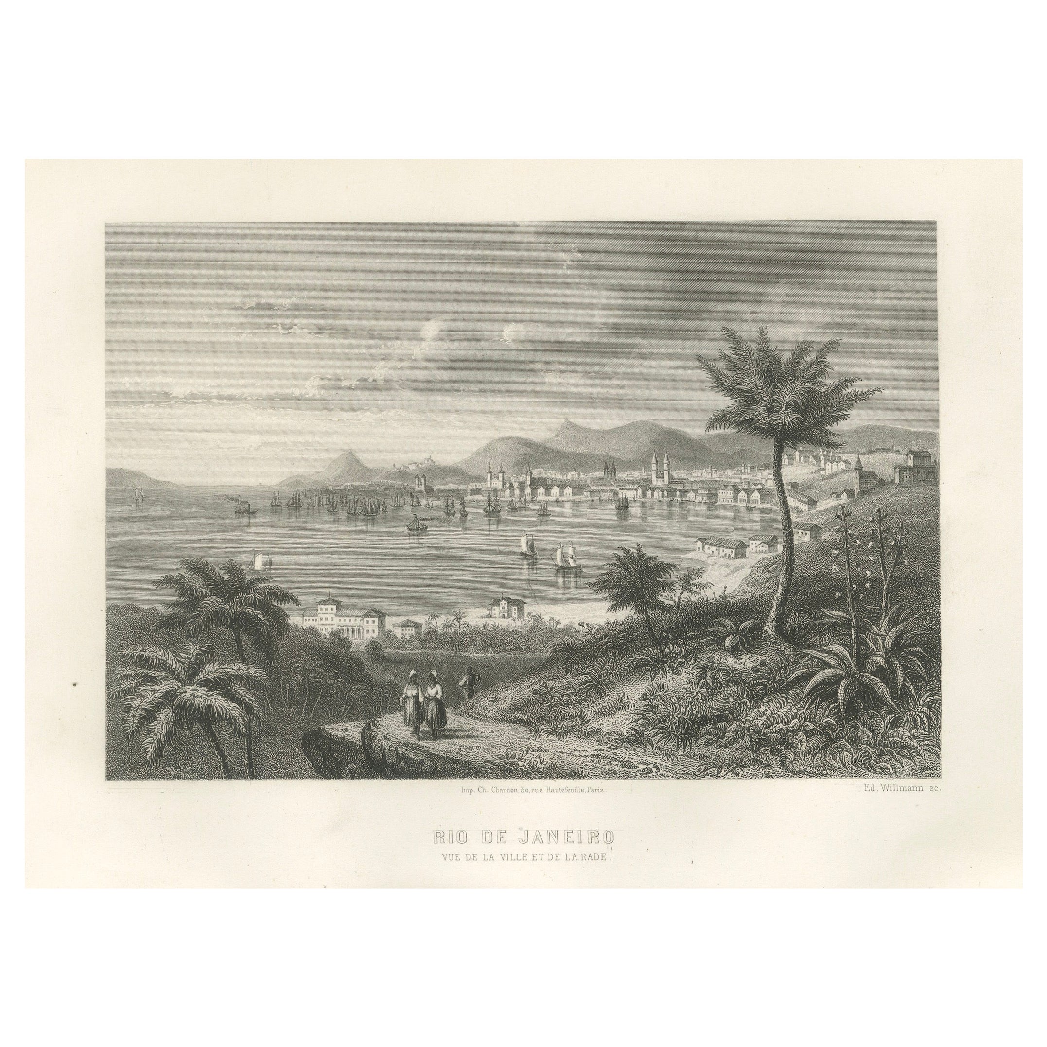 Gravure ancienne de Rio de Janeiro - Vue de la ville et de la baie, c.1850