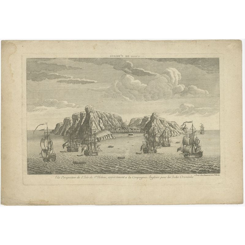 Antique print titled 'Vüe perspective de l'Isle de Ste Helene, appartenant à la Compagnie Angloise pour les Indes Orientales'. Optical print of Saint Helena in the Atlantic Ocean belonging to the British East India Company. This is an optical print,