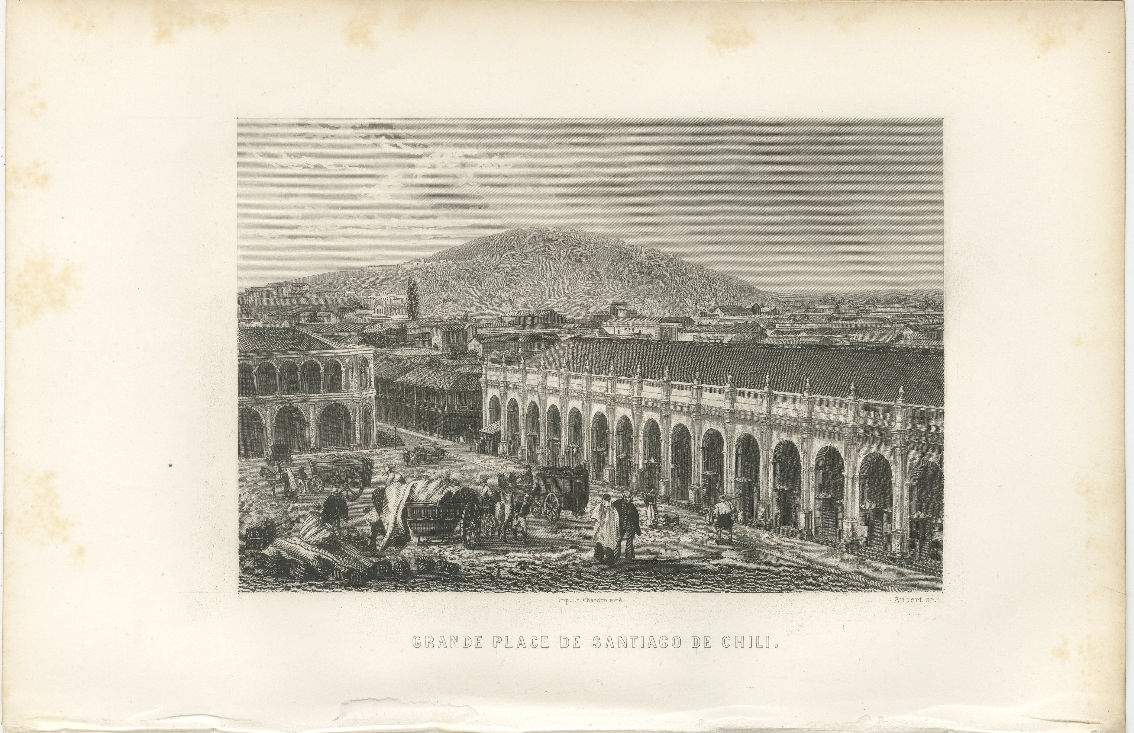 Antiker Kupferstich von Santiago de Chile, Grande Place, 1867

Kupferstich mit dem Titel Grande Place de Santiago de Chili, veröffentlicht im Jahr 1867. Die Szene zeigt den zentralen Platz (Plaza de Armas) von Santiago, der Hauptstadt Chiles,