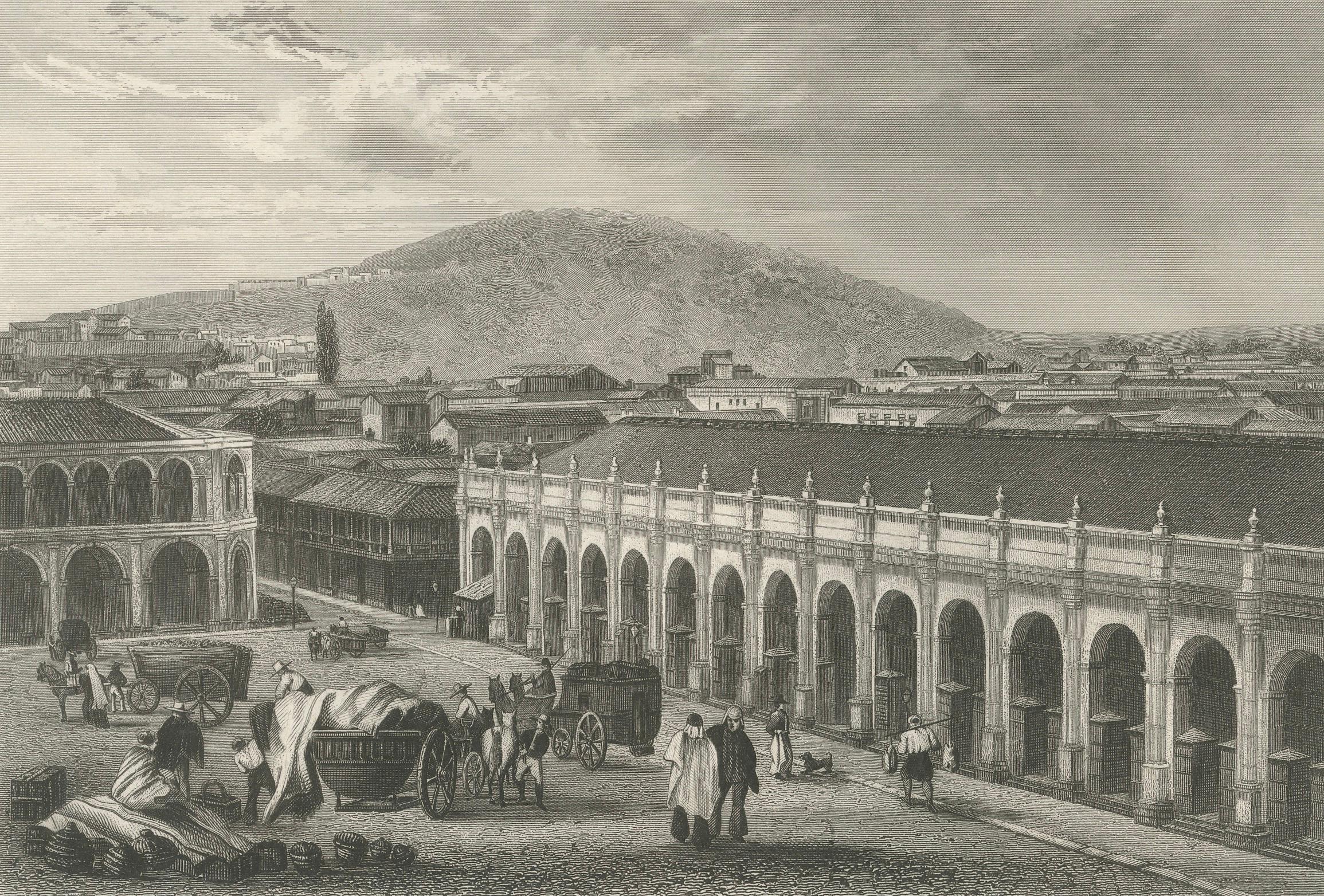 Antiker Kupferstich von Santiago de Chile, Grande Place, 1867 im Zustand „Gut“ im Angebot in Langweer, NL