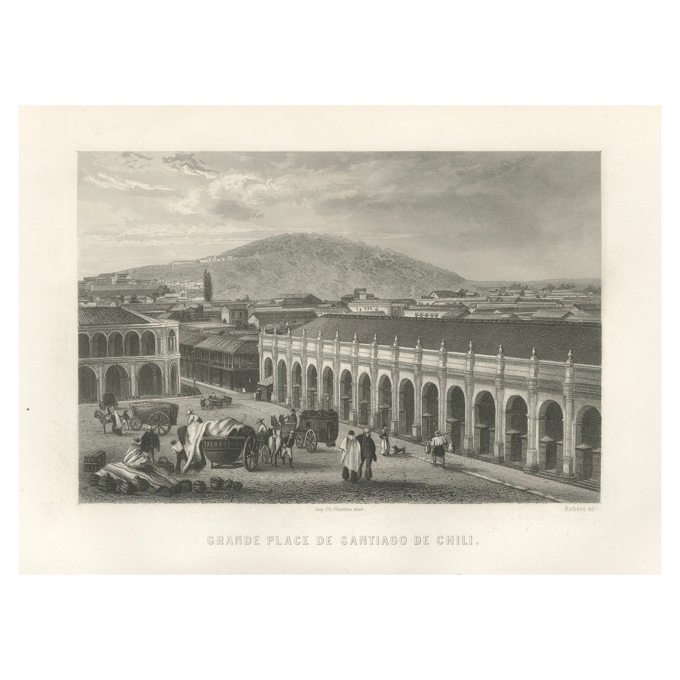 Antiker Kupferstich von Santiago de Chile, Grande Place, 1867 im Angebot