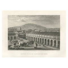 Antique Engraving of Santiago de Chile, Grande Place, 1867
