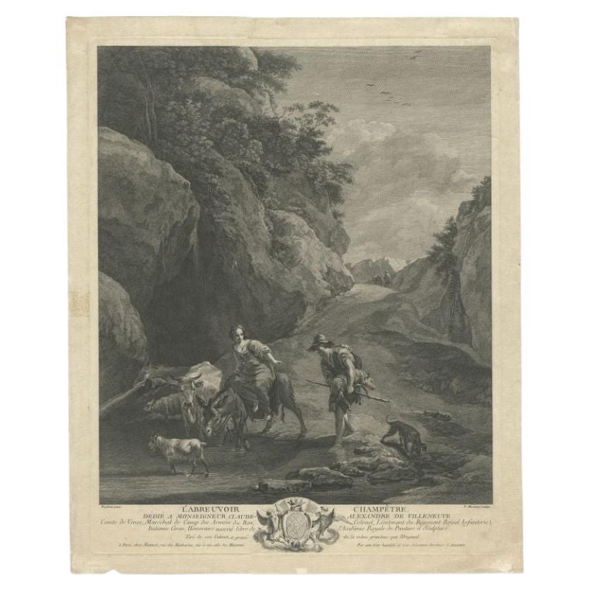Antique Engraving of Shepherds and Cattle, c.1770 For Sale