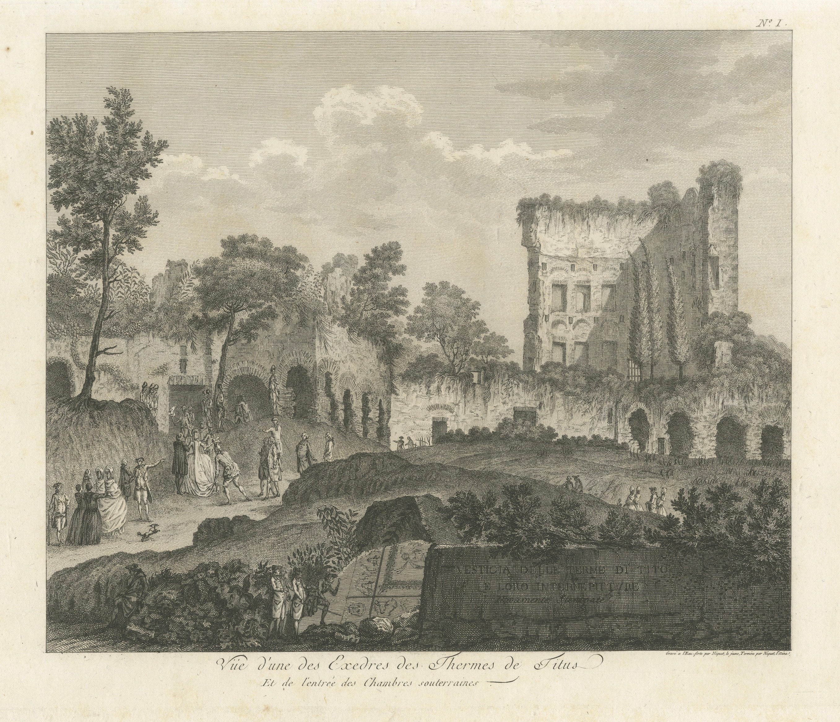 Gravure ancienne des thermes de Titus à Rome, ruines, famille Niquet, c.1780