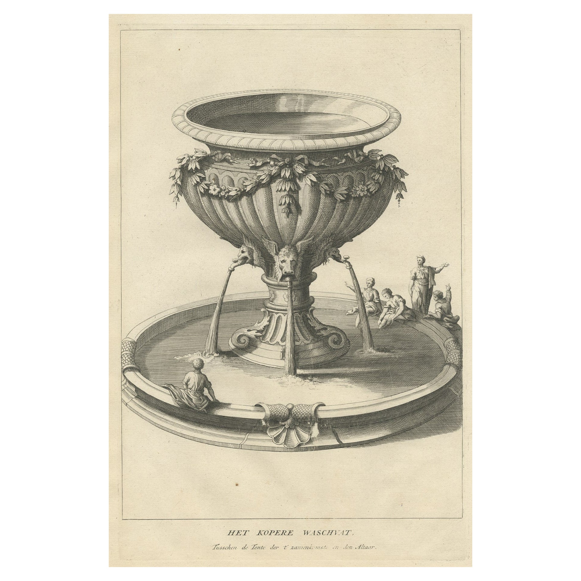 Grabado antiguo de la fuente de bronce del Templo de Salomón, Jerusalén, hacia 1725