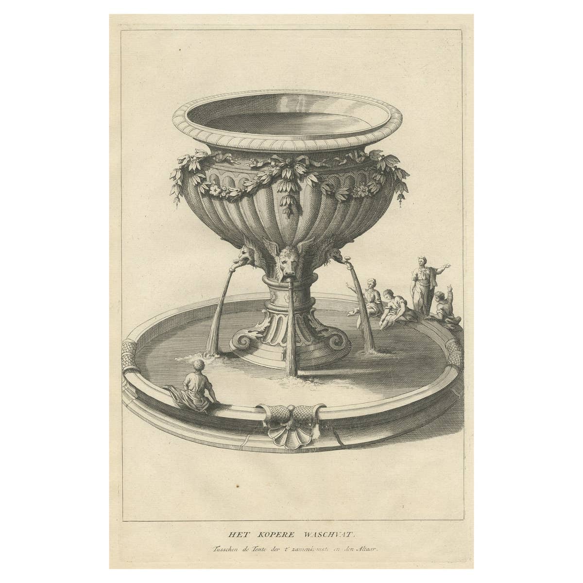 Antique Engraving of the Brass Laver in Solomon's Temple, Jerusalem, ca.1725