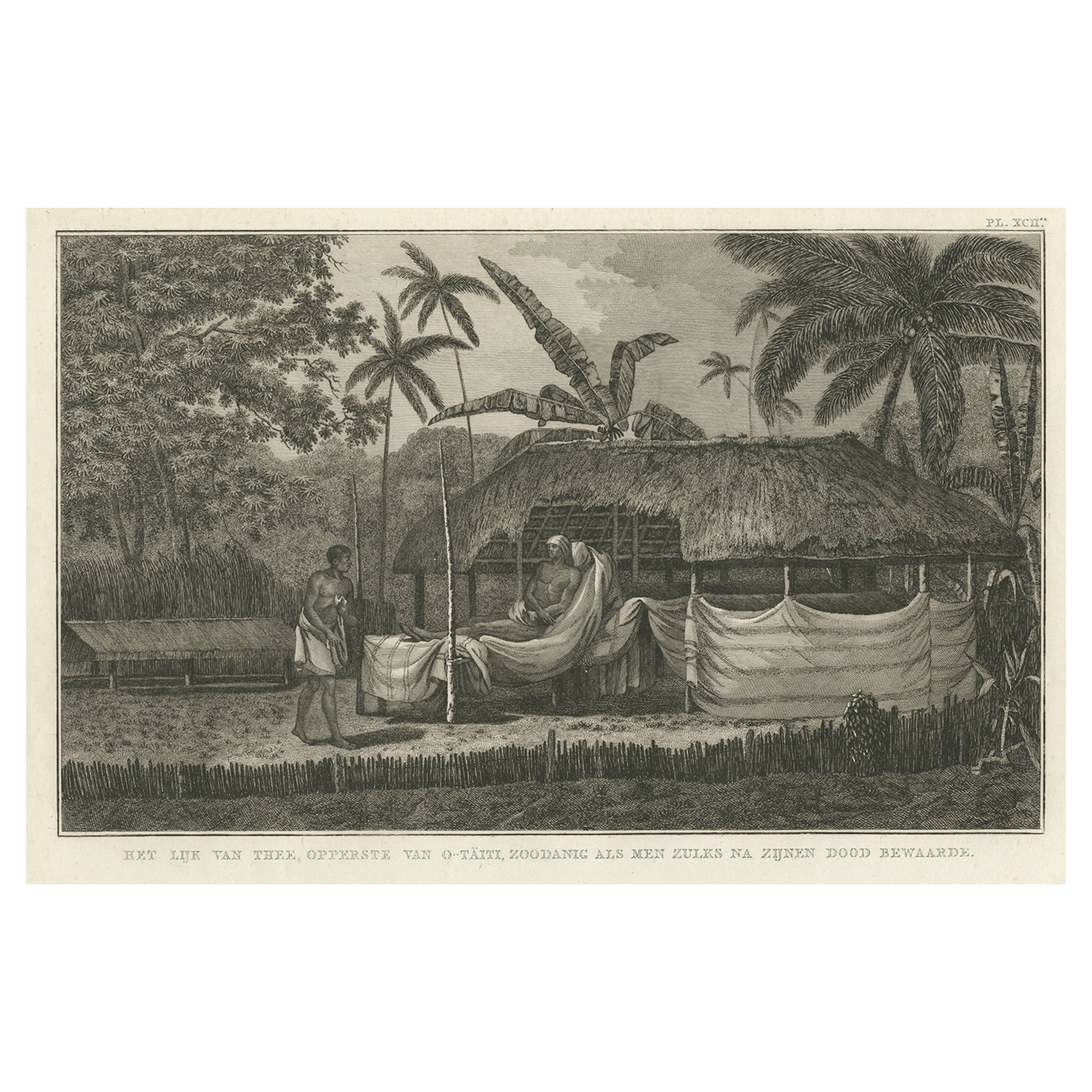 Incisione antica del capo morto dell'isola di Tahiti nel Pacifico, 1803