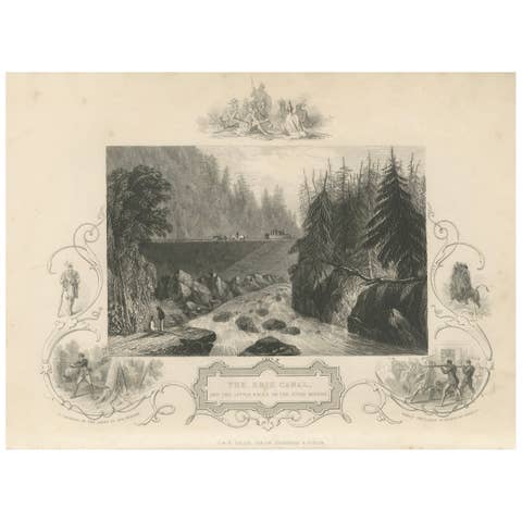 Antique Engraving of the Erie Canal and Little Falls on the River Mohawk, c.1850