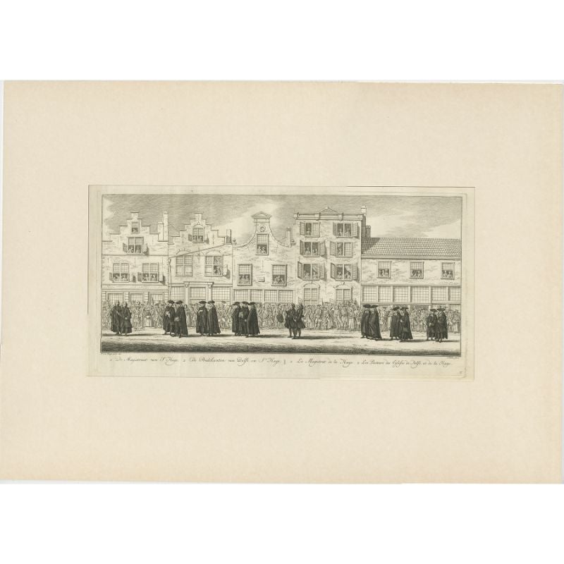 Antique print titled 'De Magistraat van S'Hage, De Predikanten van Delft en S'Hage'. Engraving of the funeral procession of Princess Anna van Hannover, buried in Delft, 23 February 1759. This print originates from 'Lyk-staetsie van haere Koninglyke