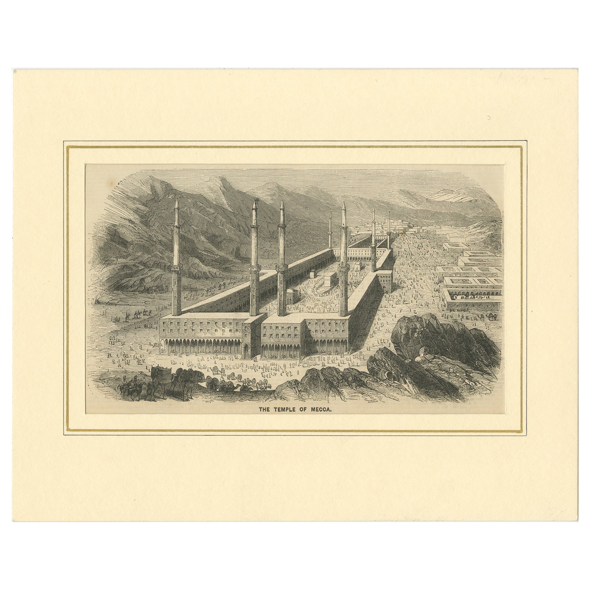 Gravure ancienne de la Grande Mosquée de La Mecque avec la Kaaba, c. 1850s