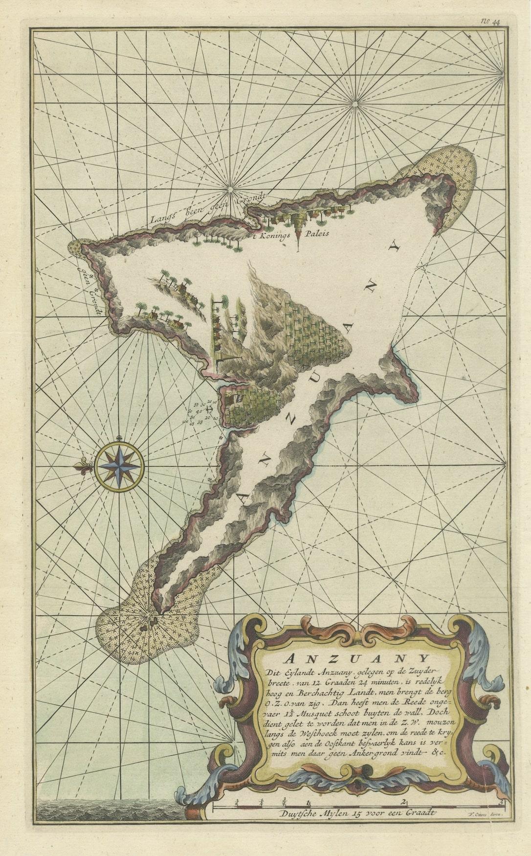Early 18th Century Antique Engraving of the Island Nzwani or Anzuany of the Comoros Islands, 1726 For Sale