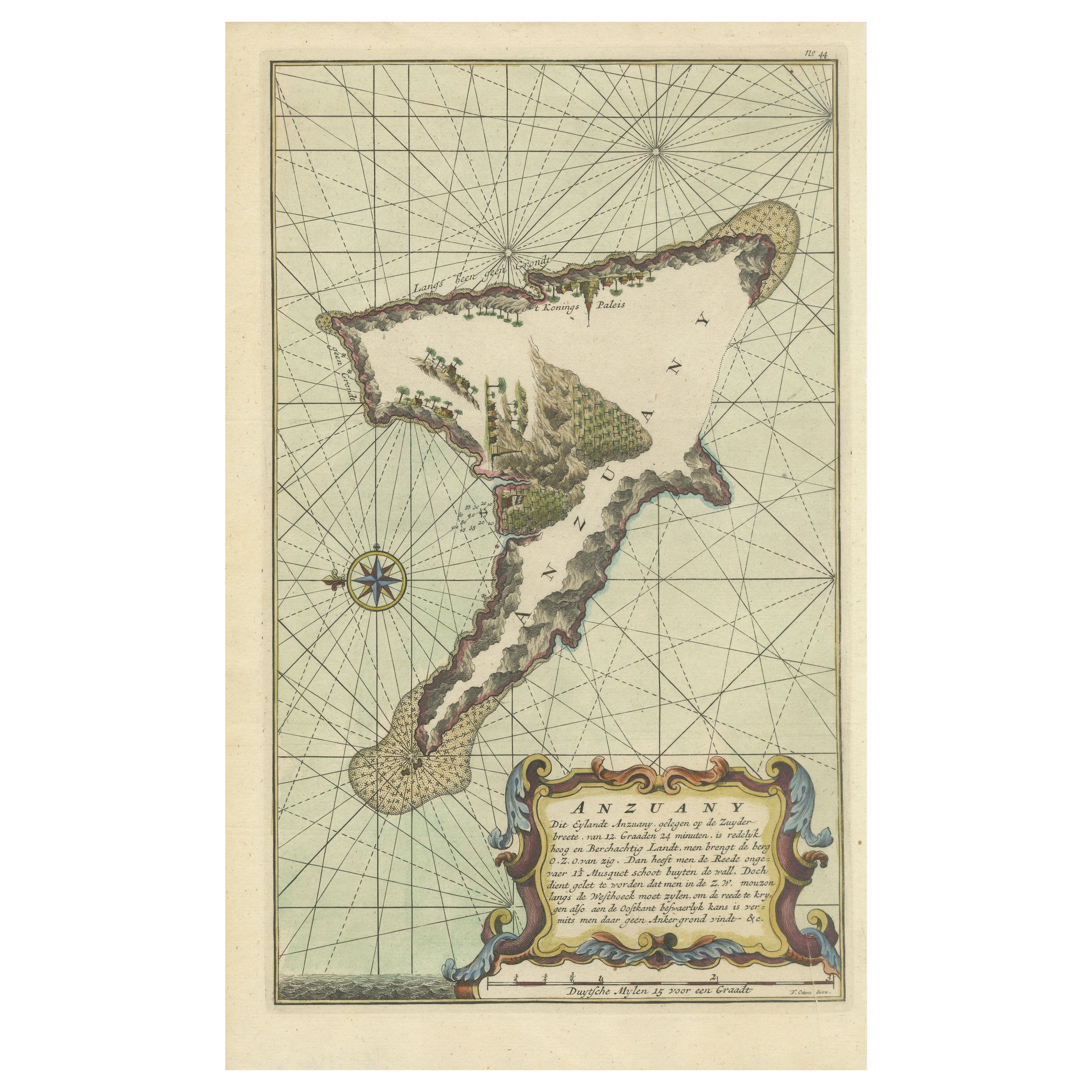 Incisione antica dell'isola Nzwani o Anzuany delle Isole Comore, 1726