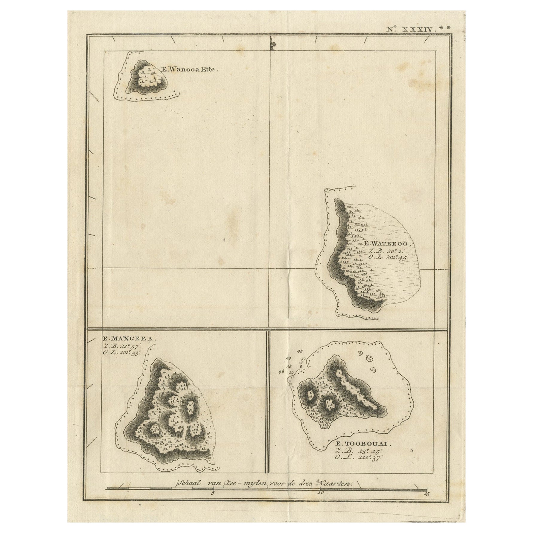 Grabado antiguo de las islas Wanooa, Wateeoo, Mangeea, Toobouai, Cook, 1803