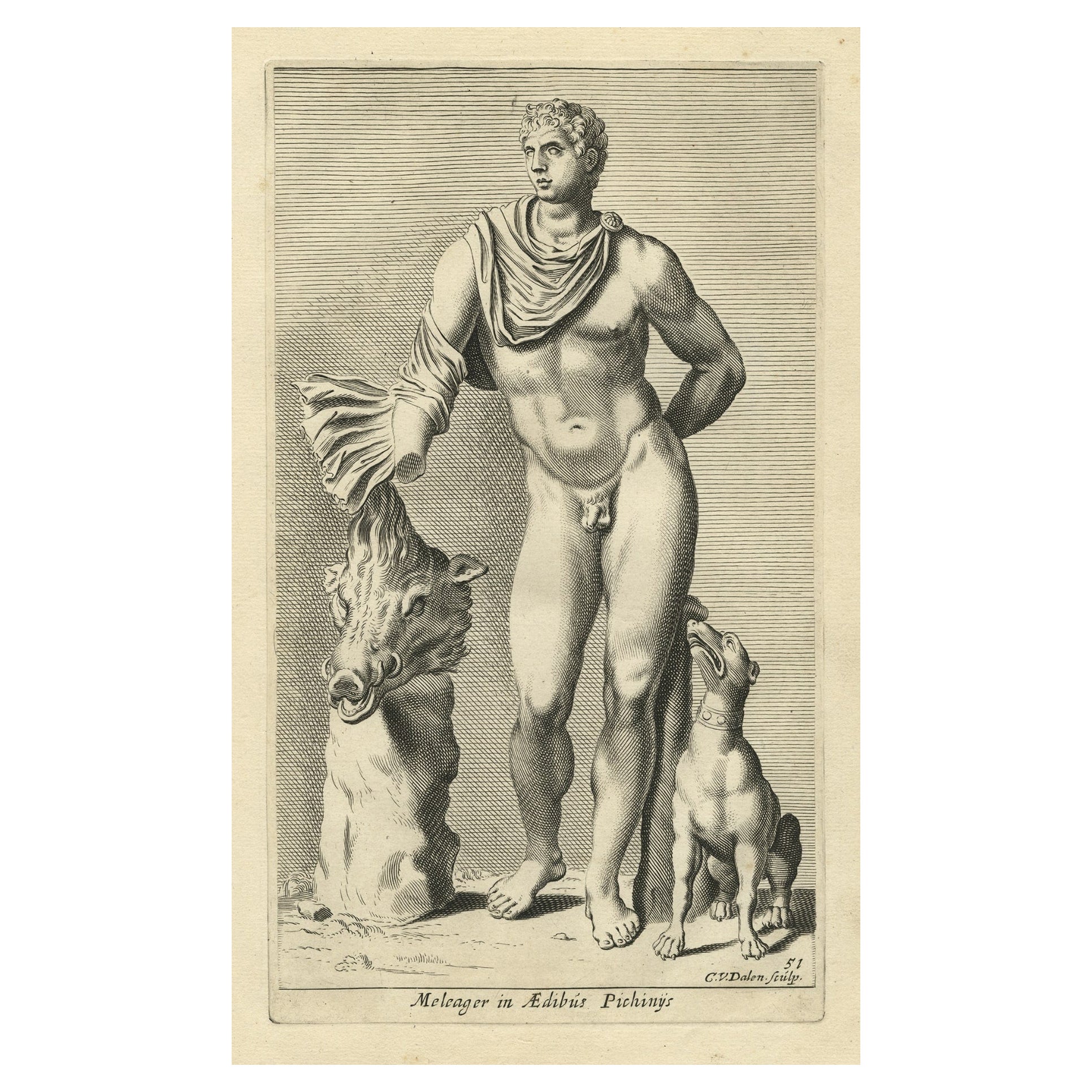 Gravure ancienne de la statue du héros mythologique Meleager, Rome, 1660 en vente