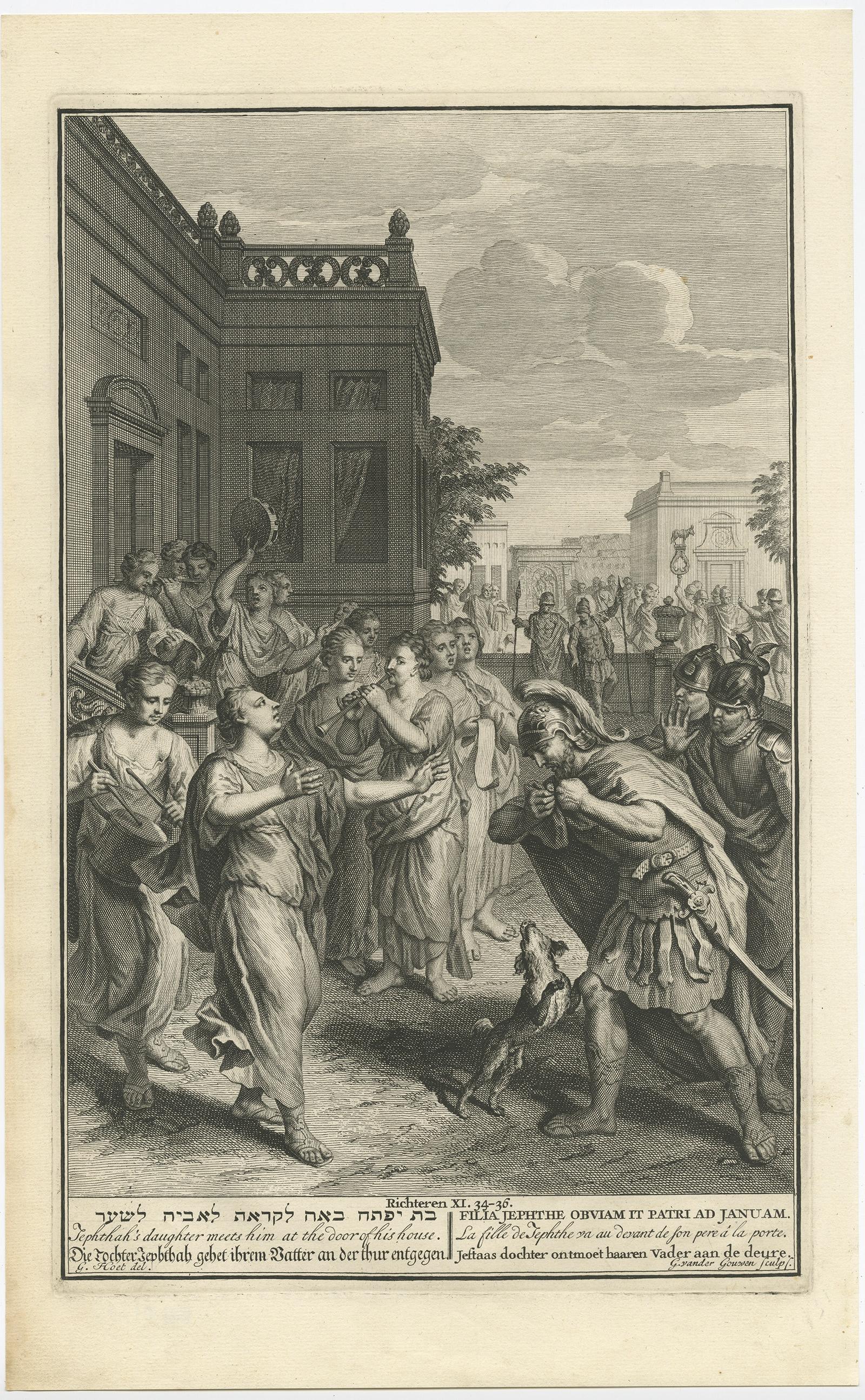Antique religion print titled 'Jephthah's daughter meets him at the door of his house'. 

The story of Jephthah’s Daughter (Judges 11) tells us that Jephthah the Gileadite made a vow to the Lord before going into battle with the Ammonites. This