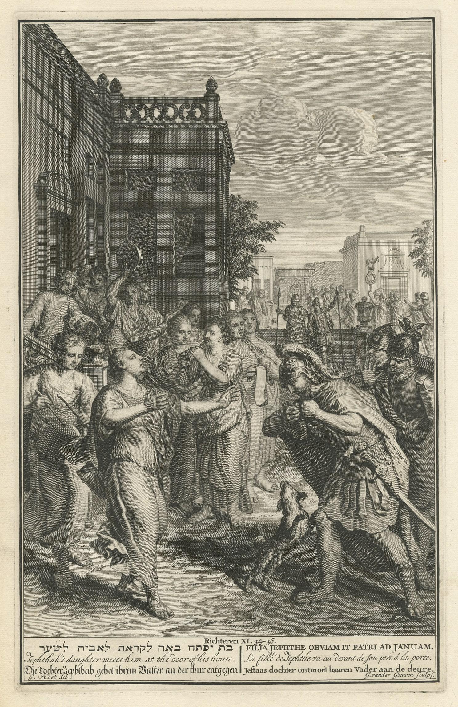 Antique Engraving of the Story of Jephthah’s Daughter, 1728 In Good Condition For Sale In Langweer, NL