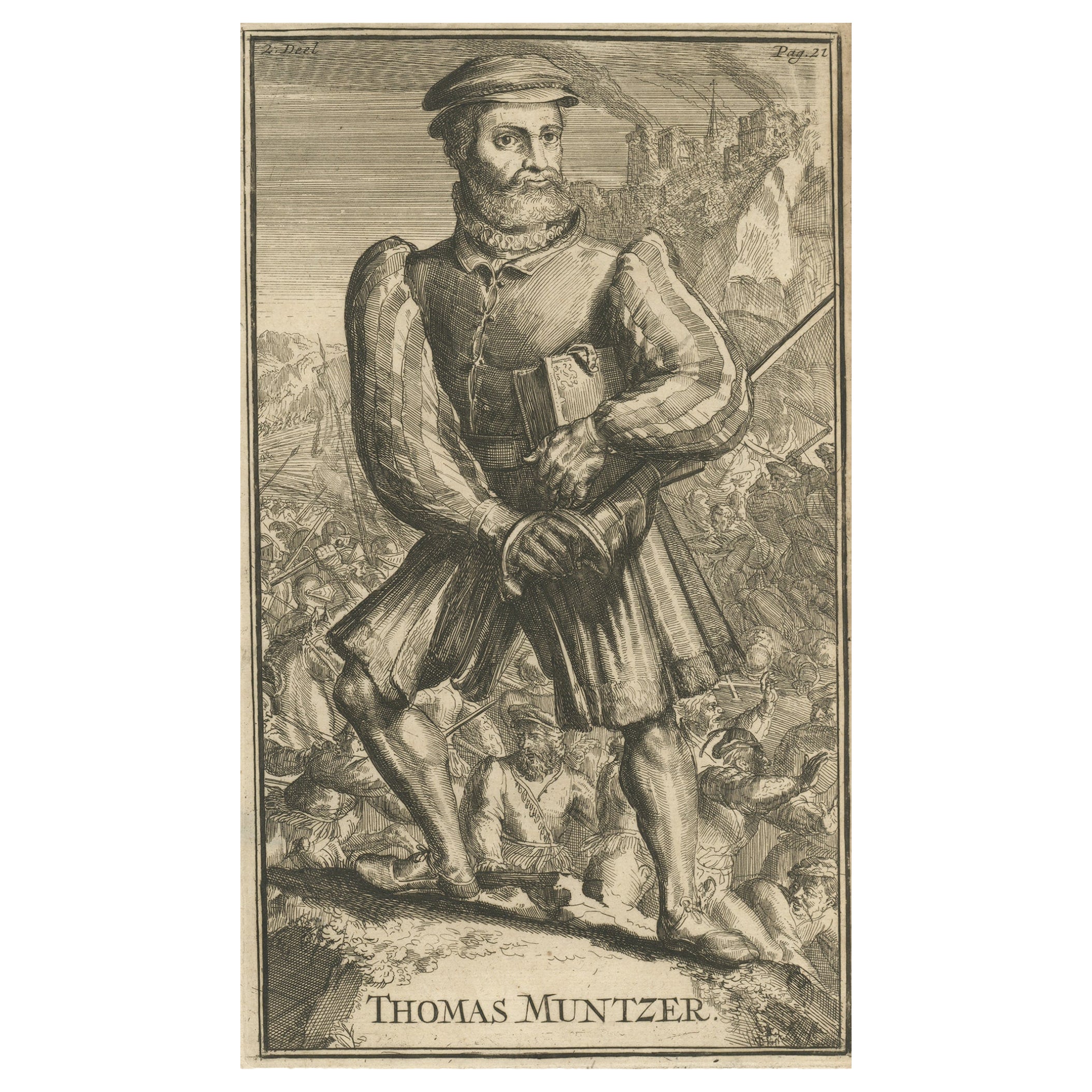 Incisione antica di Thomas Thomas Müntzer, un teologo tedesco dell'epoca della Riforma, 1701 in vendita