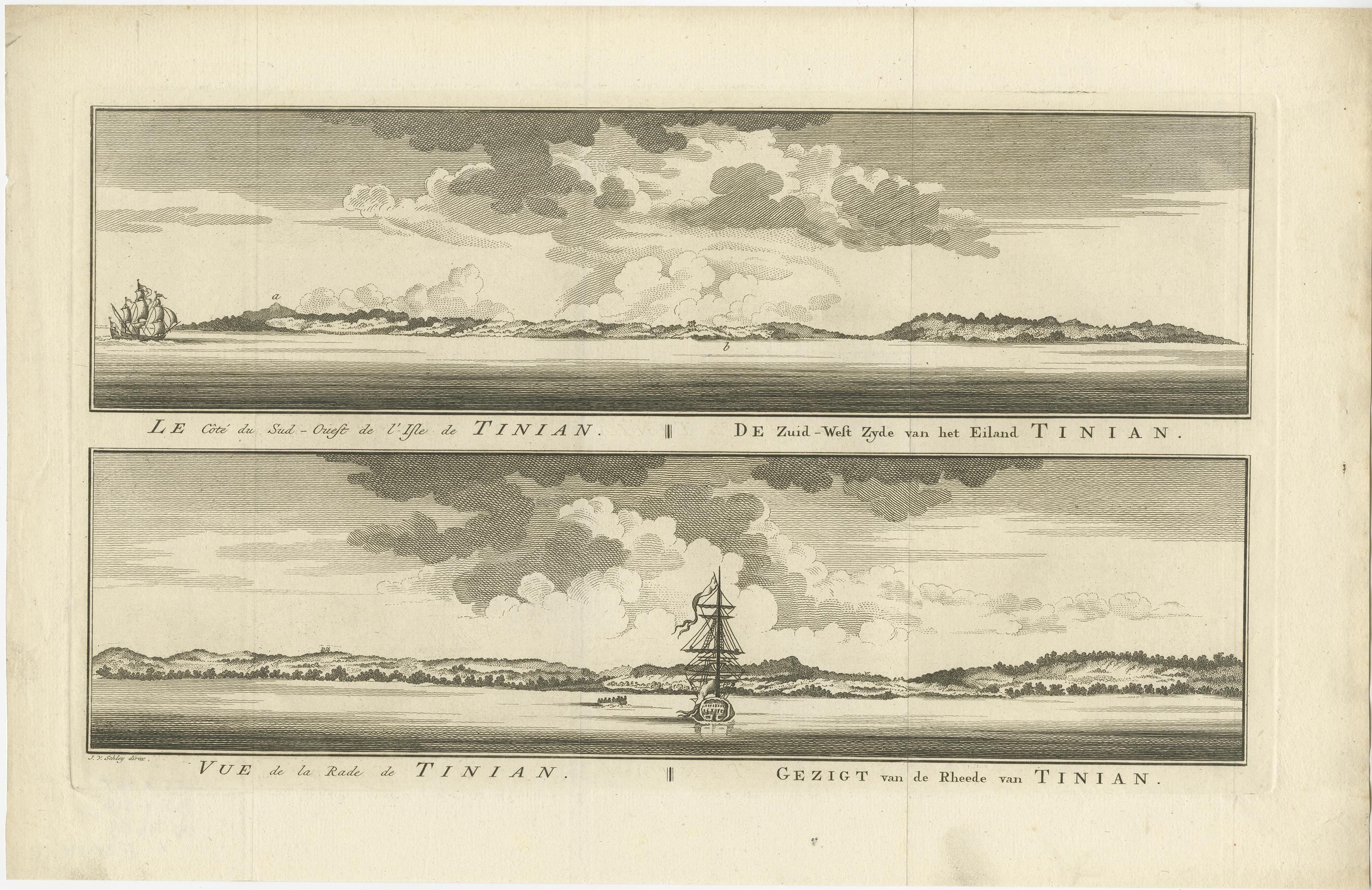 Antique print titled 'Vue de la Rde de Tinian 

Gezigt van de Rheede van Tinian (..)'. Views of the south-west side of the island of Tinian and a view of the anchorage of Tinian, where the Centurion got water. This print originates from 'Histoire