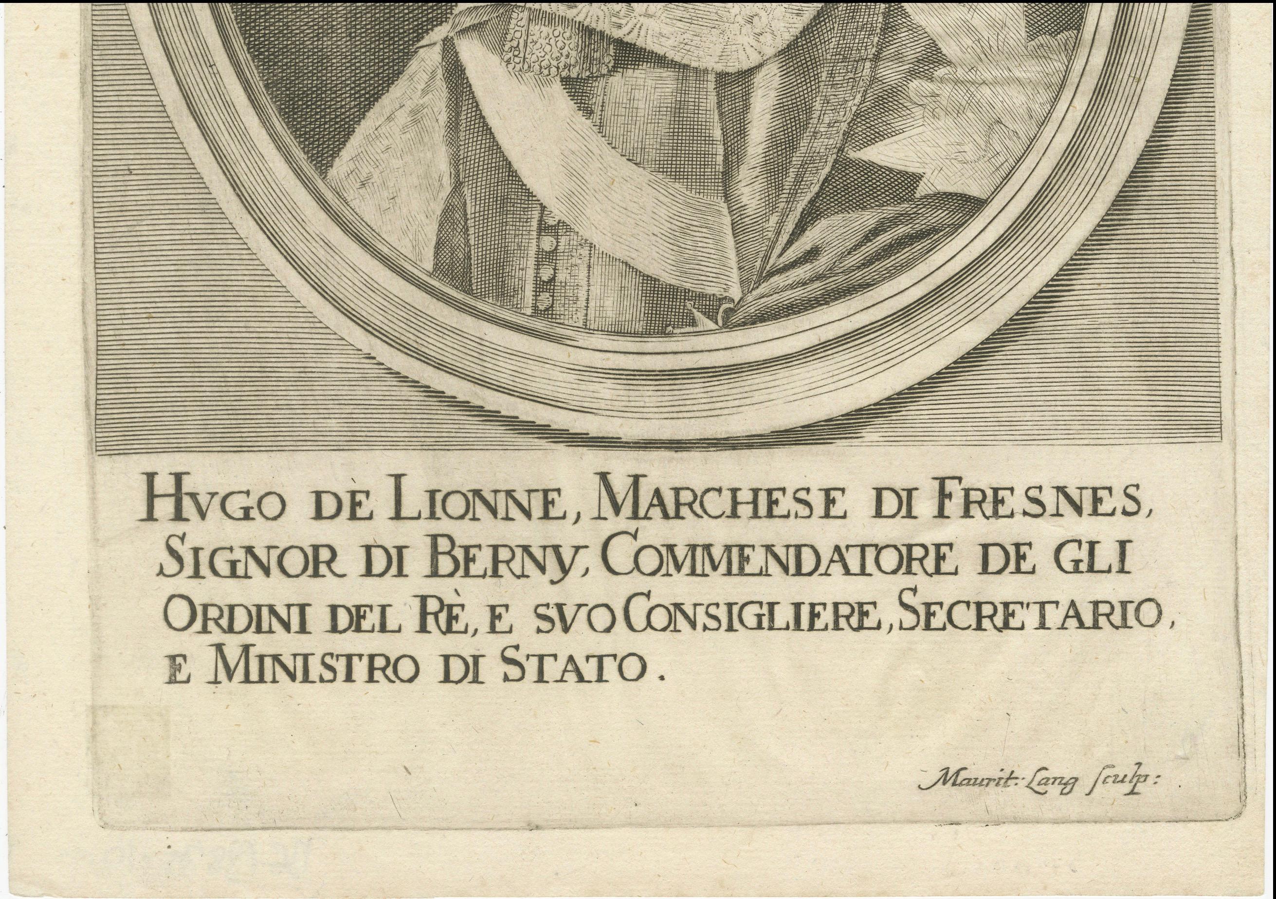 Antique engraving portrait of Hugues de Lionne, French statesman, ca. 1670