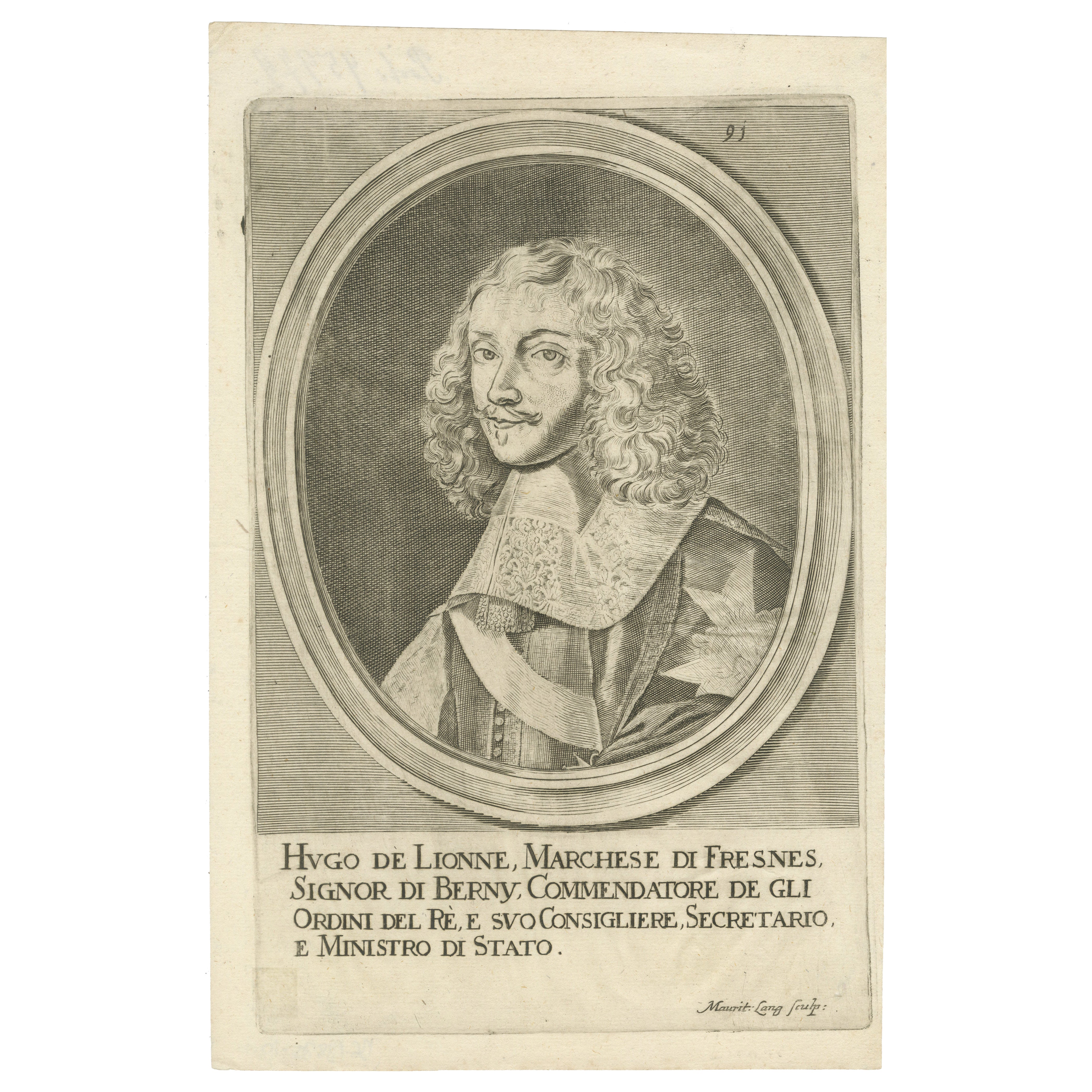 Antikes Kupferstich-Porträt von Hugues de Lionne, französischer Staatsmann, ca. 1670