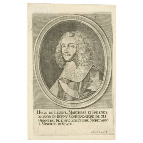 Antique engraving portrait of Hugues de Lionne, French statesman, ca. 1670