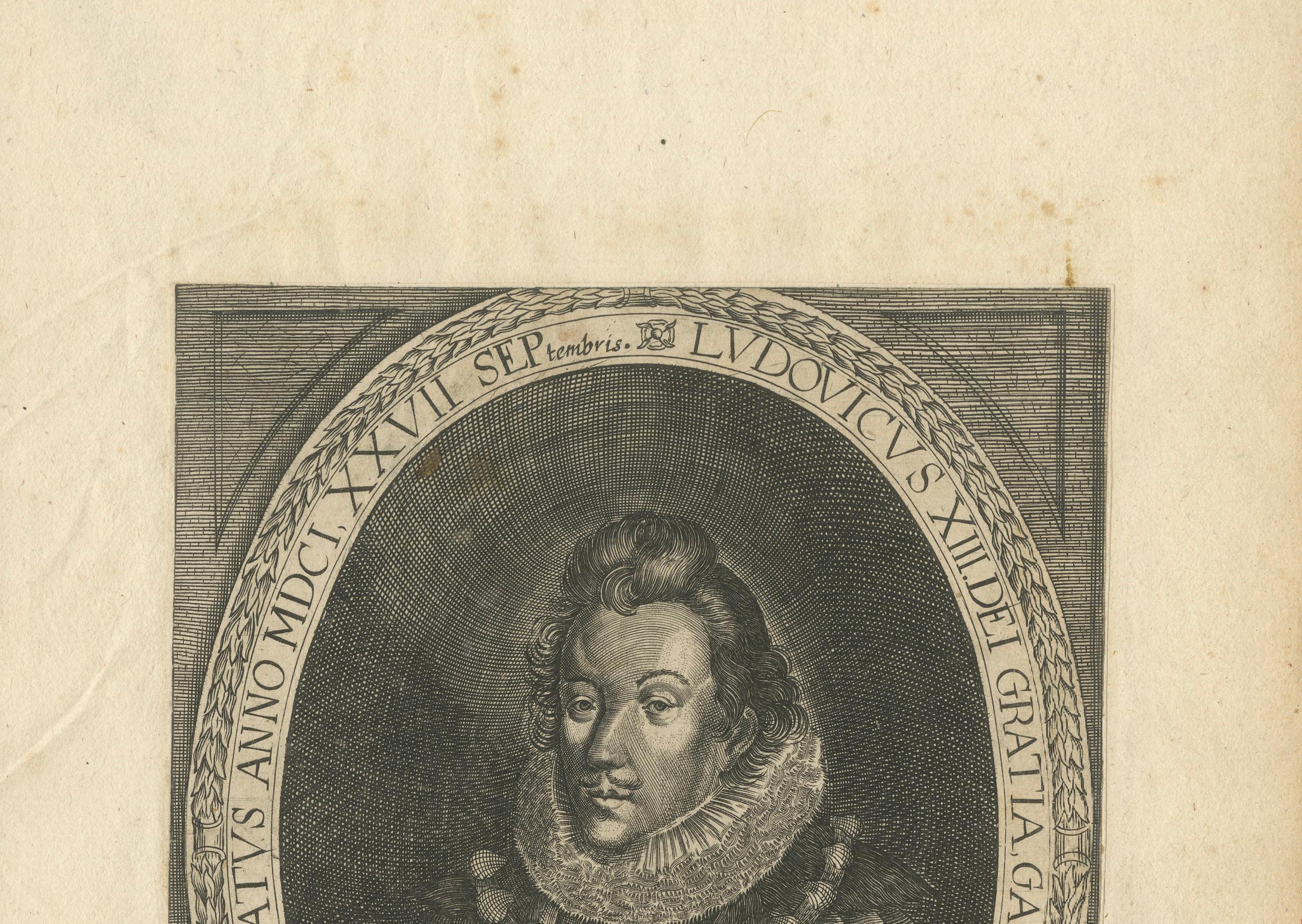 Antique engraving portrait of King Louis XIII of France, circa XVII century