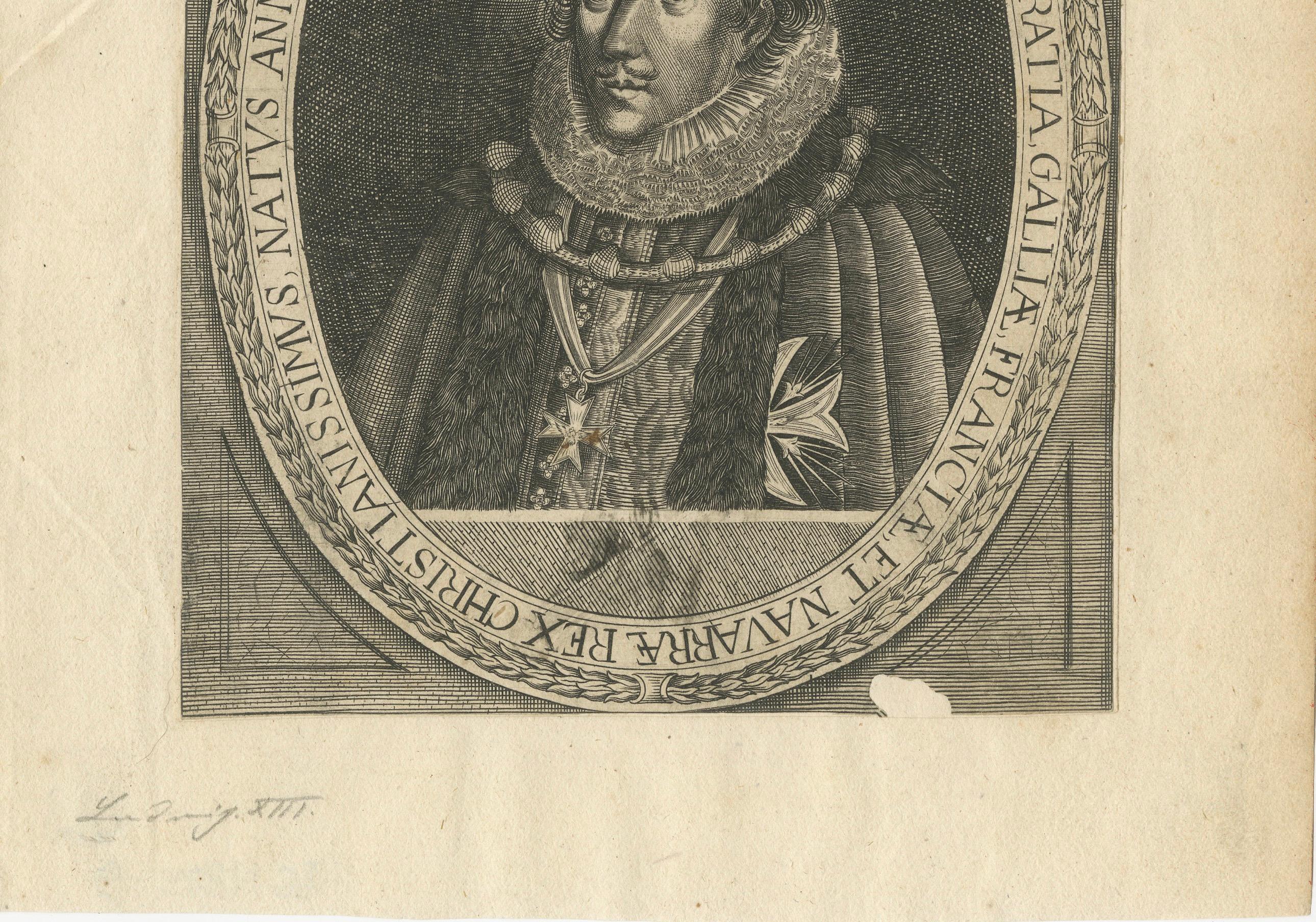 Antique engraving portrait of King Louis XIII of France, circa XVII century
