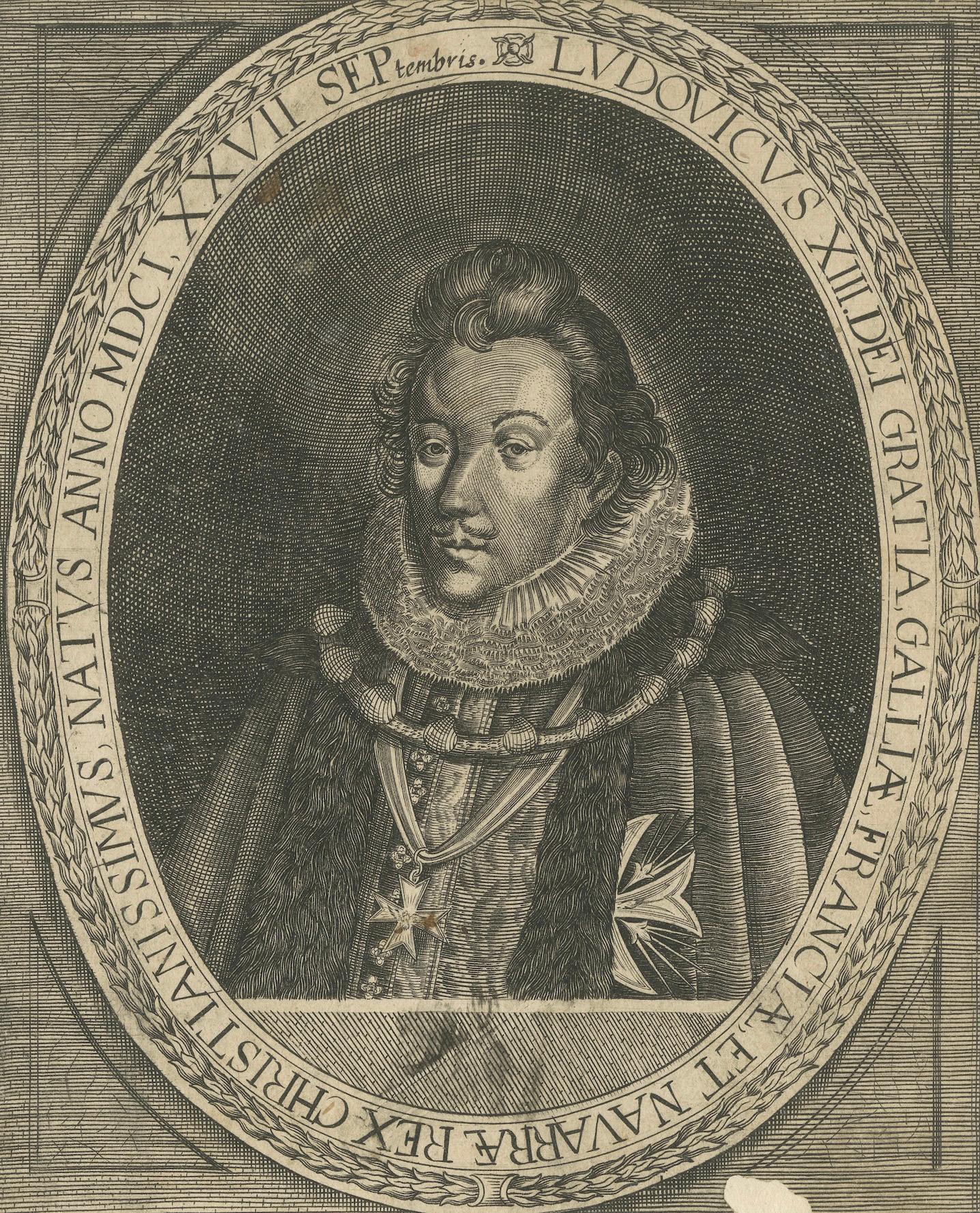 Antique engraving portrait of King Louis XIII of France, circa XVII century