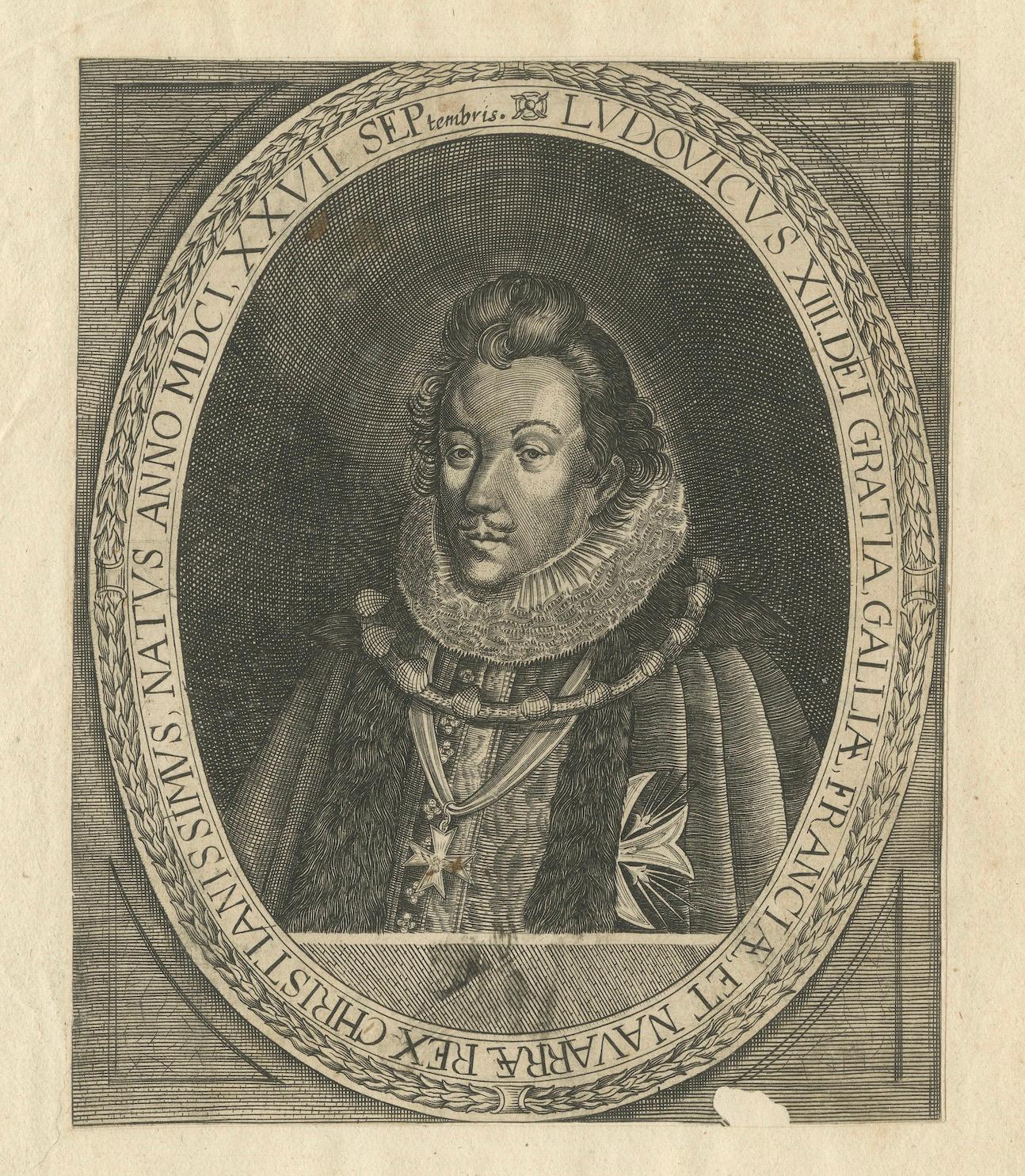 Antique engraving portrait of King Louis XIII of France, circa XVII century