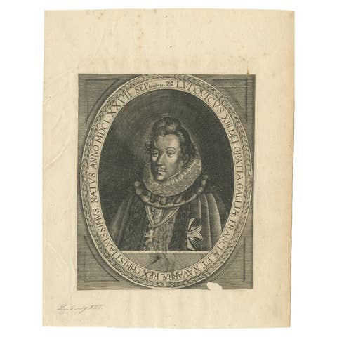 Antique engraving portrait of King Louis XIII of France, circa XVII century