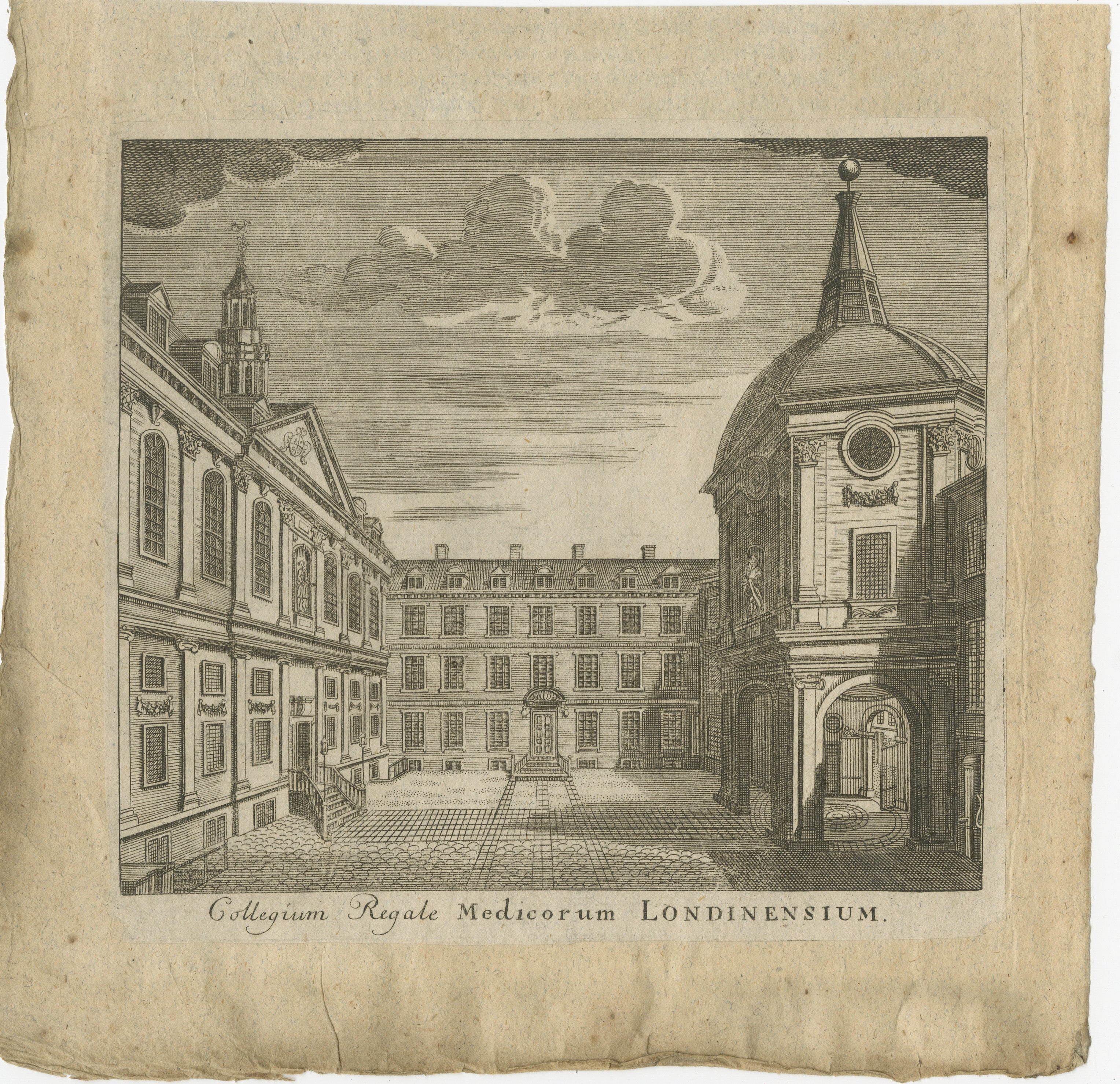 Gravure ancienne - Collège royal des médecins, Lane's, Londres, 1746

Cette gravure du XVIIIe siècle, finement exécutée, représente la cour du Royal College of Physicians à Warwick Lane, Londres, vue du sud. L'image, intitulée 