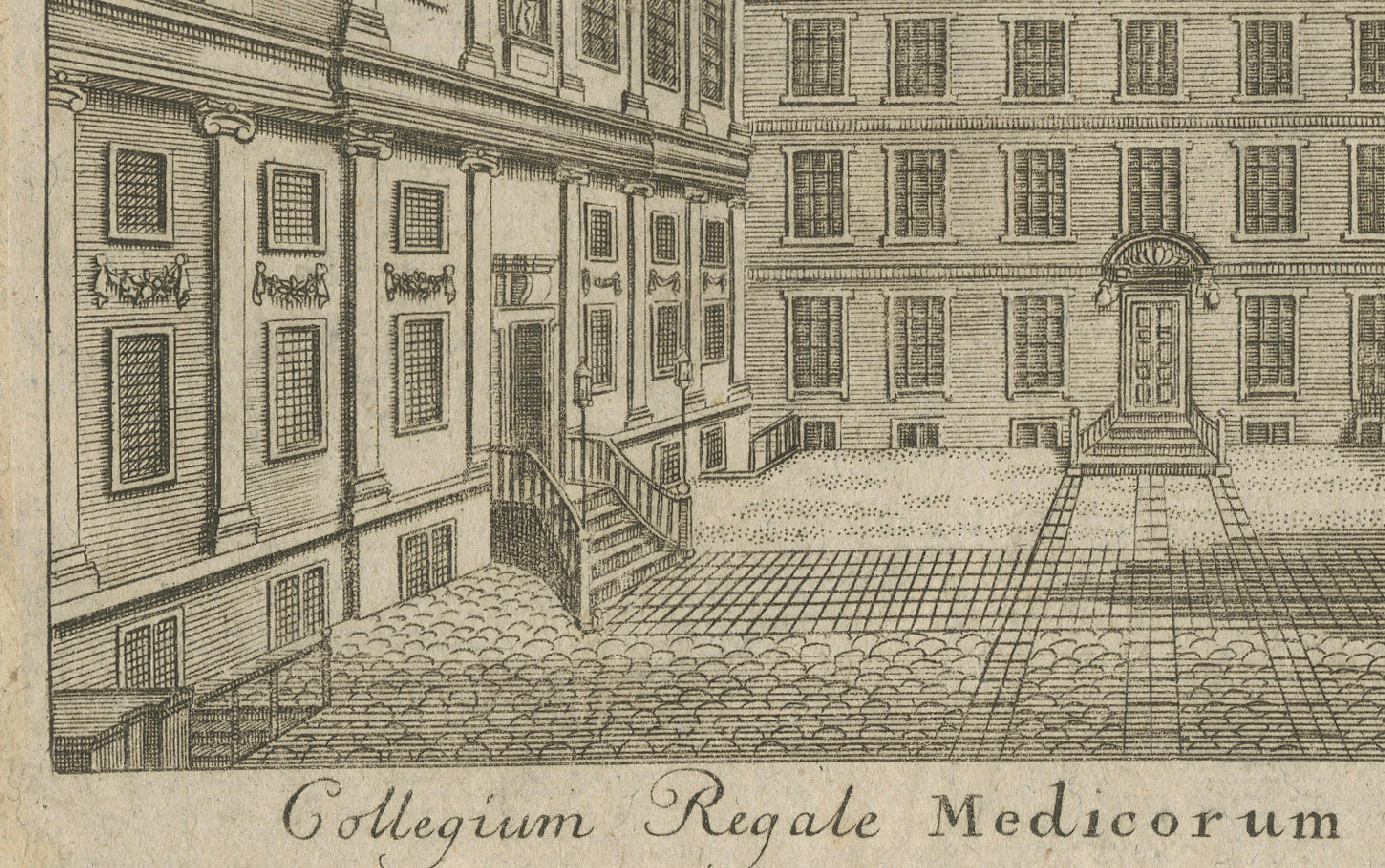 Allemand Gravure ancienne - Collège royal des médecins, Lane's, Londres, 1746 en vente