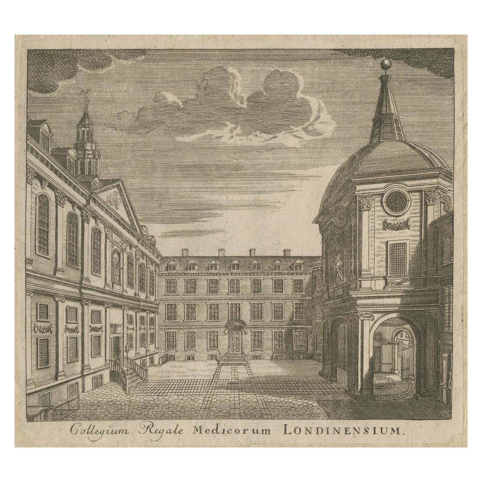 Gravure ancienne - Collège royal des médecins, Lane's, Londres, 1746 en vente