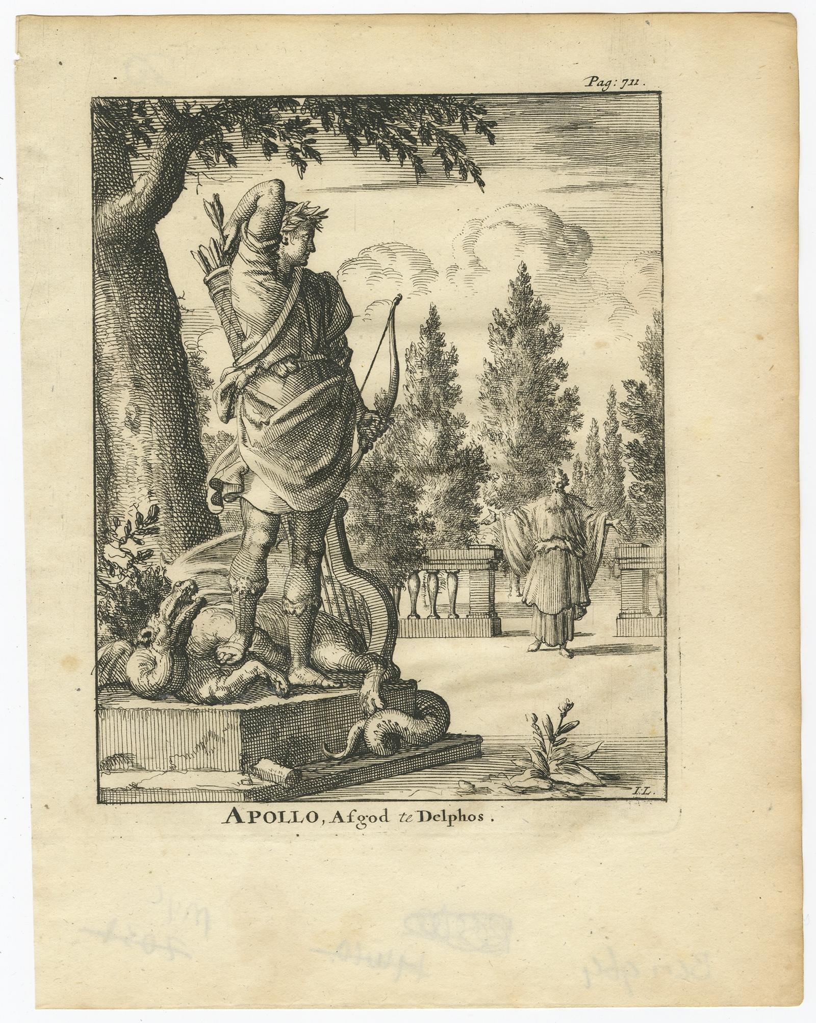 Description: Antique print, titled: 'Apollo, Afgod te Delphos' - This plate shows Apollo, the Olympian Deity and patron of Delphi.

Source unknown, to be determined.

Artists and Engravers: Made by 'Jan Luyken' after an anonymous artist. Jan Luyken