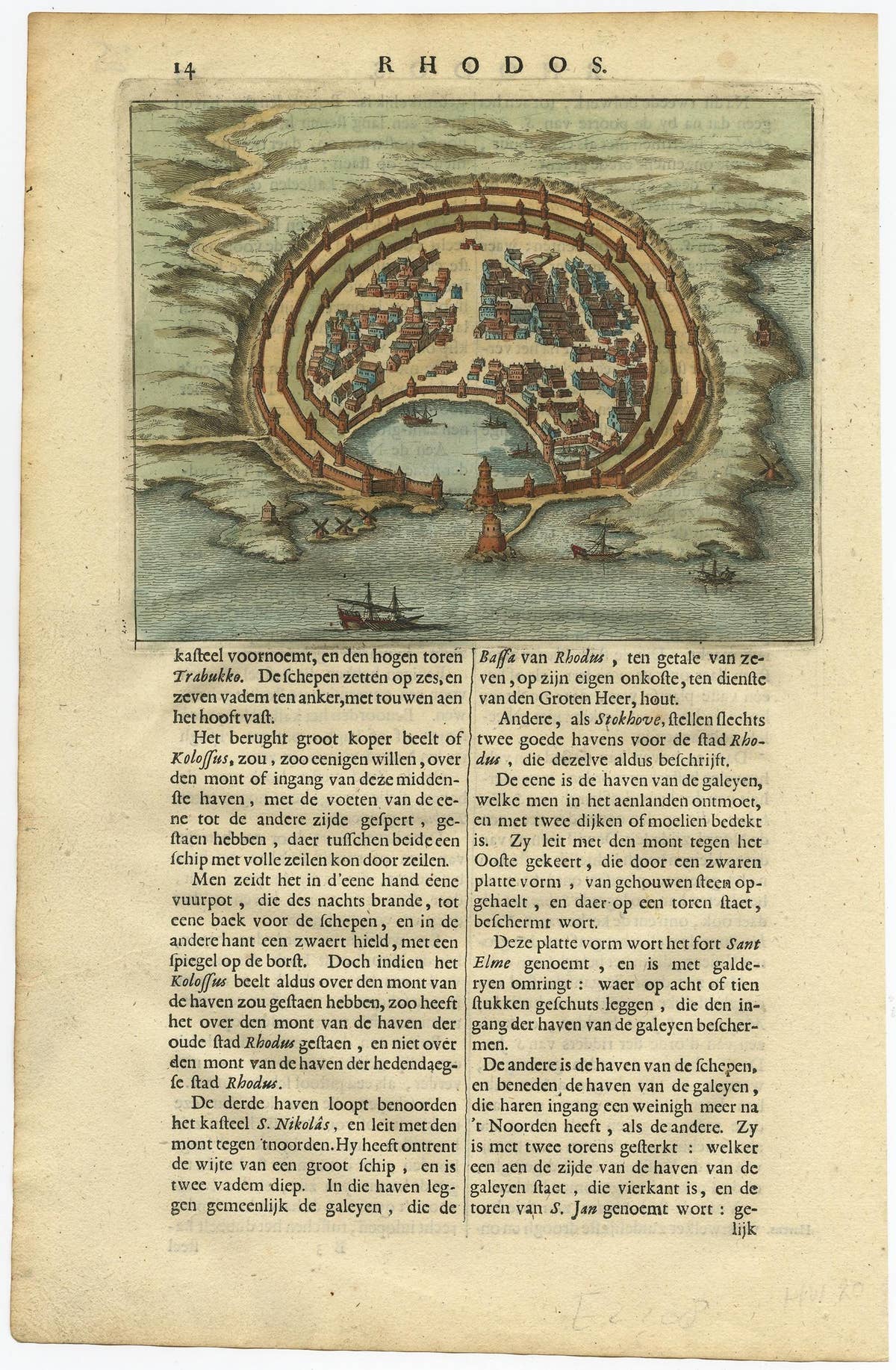 Antique Engraving with a Plan of Rhodes, Greece, 1688