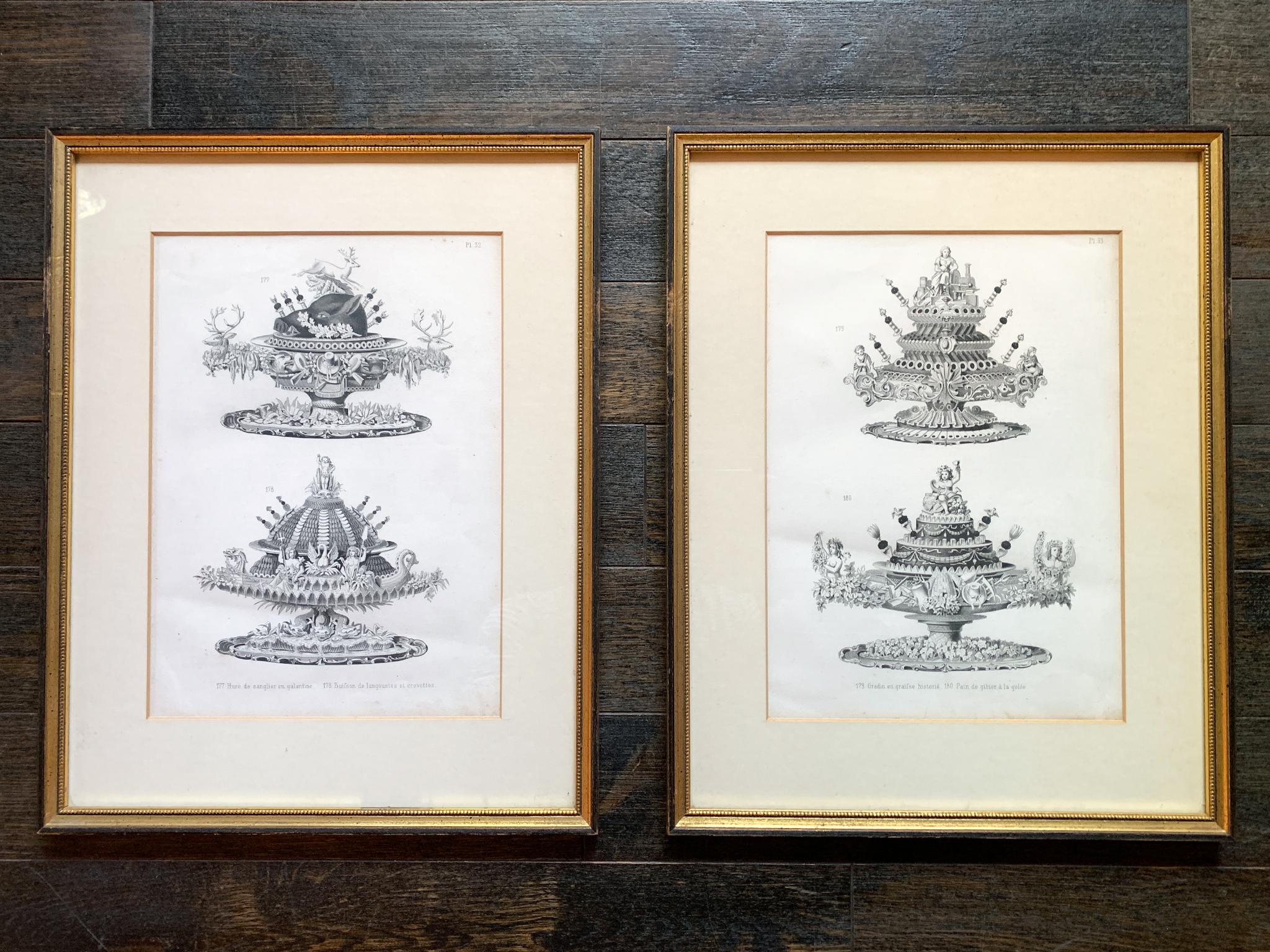A set of 4 black-and-white engravings from the book La Cuisine Classique by chefs Émile Bernard and Urbain Dubois. Published in the 19th Century, the illustrations depict elaborate cuisine and centerpieces. Two engravings come in a giltwood frame,