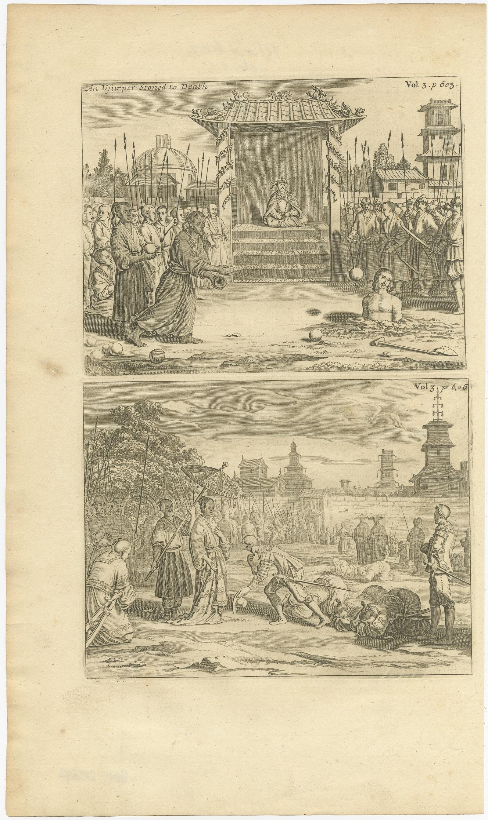 Description: Two images on one sheet titled 'An Usurper stoned to Death (..)'. 

According to the text, Rajasingha was usurped by Vinne Ladarma, but retook the throne. Rajasingha had the usurper 'buried in the ground up to his breast, and so to be