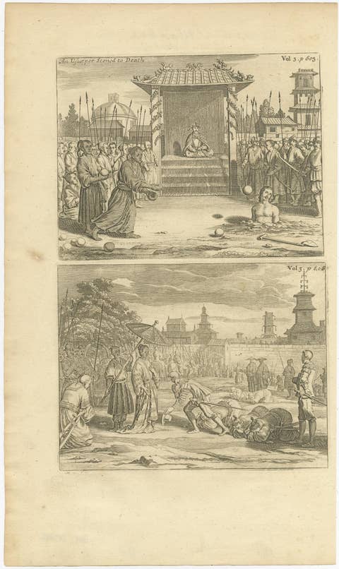 Antique Engravings of a Usurper Stoned to Death with Wooden Balls, ca.1740