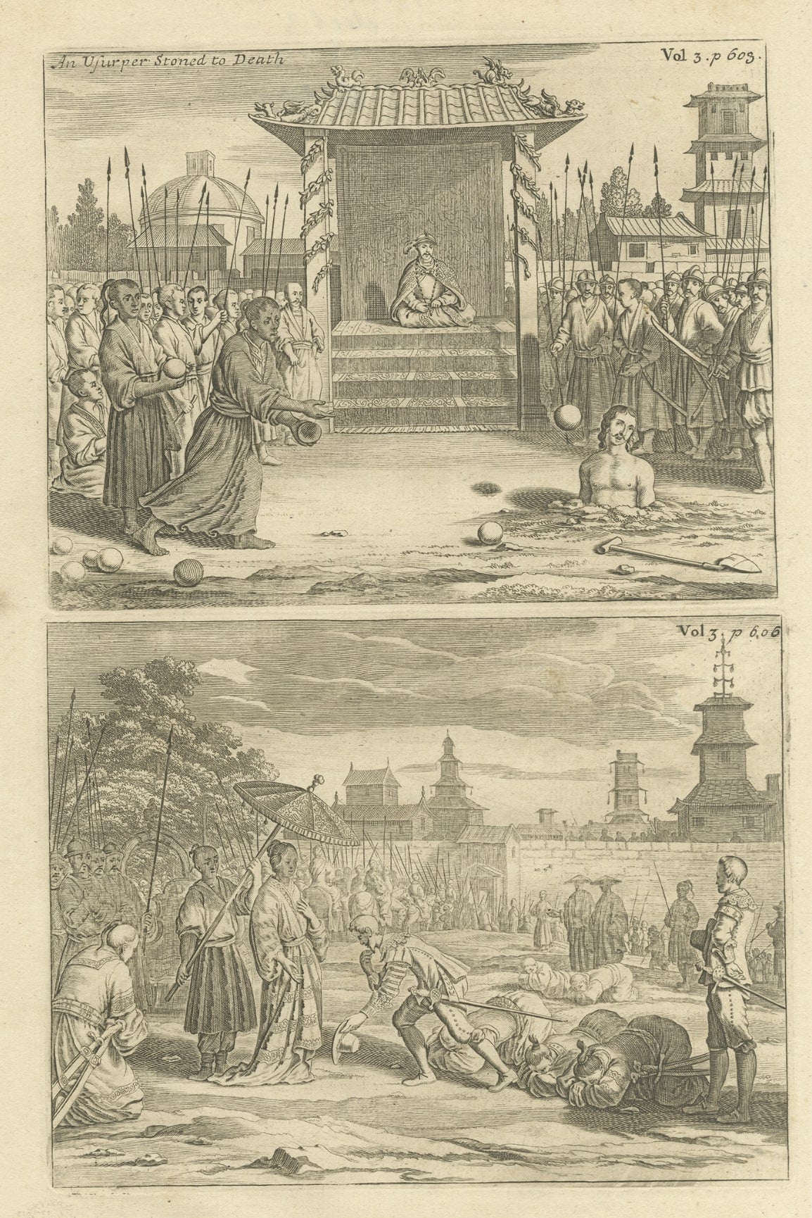 Antique Engravings of a Usurper Stoned to Death with Wooden Balls, ca.1740