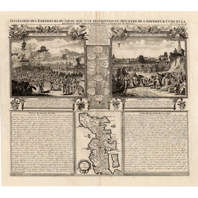 Antique Engravings of Japan incl a Map and the Arrival of the Dutch, 1732 For Sale