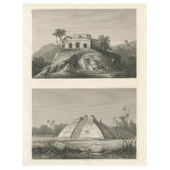 Gravures anciennes sur une feuille représentant des ruines au Mexique, 1857