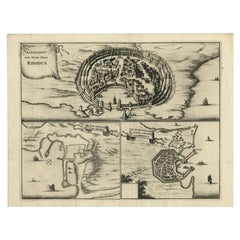 Antike Gravuren, ein Blatt mit 3 Vogelaugenausflügeln von Rhodes, Griechenland, 1677