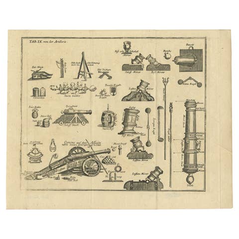 Antique Engravring of Different Artillery like Bullets, Cannons, Bombs, c.1769