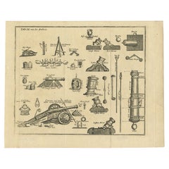 Antique Engravring of Different Artillery like Bullets, Cannons, Bombs, c.1769