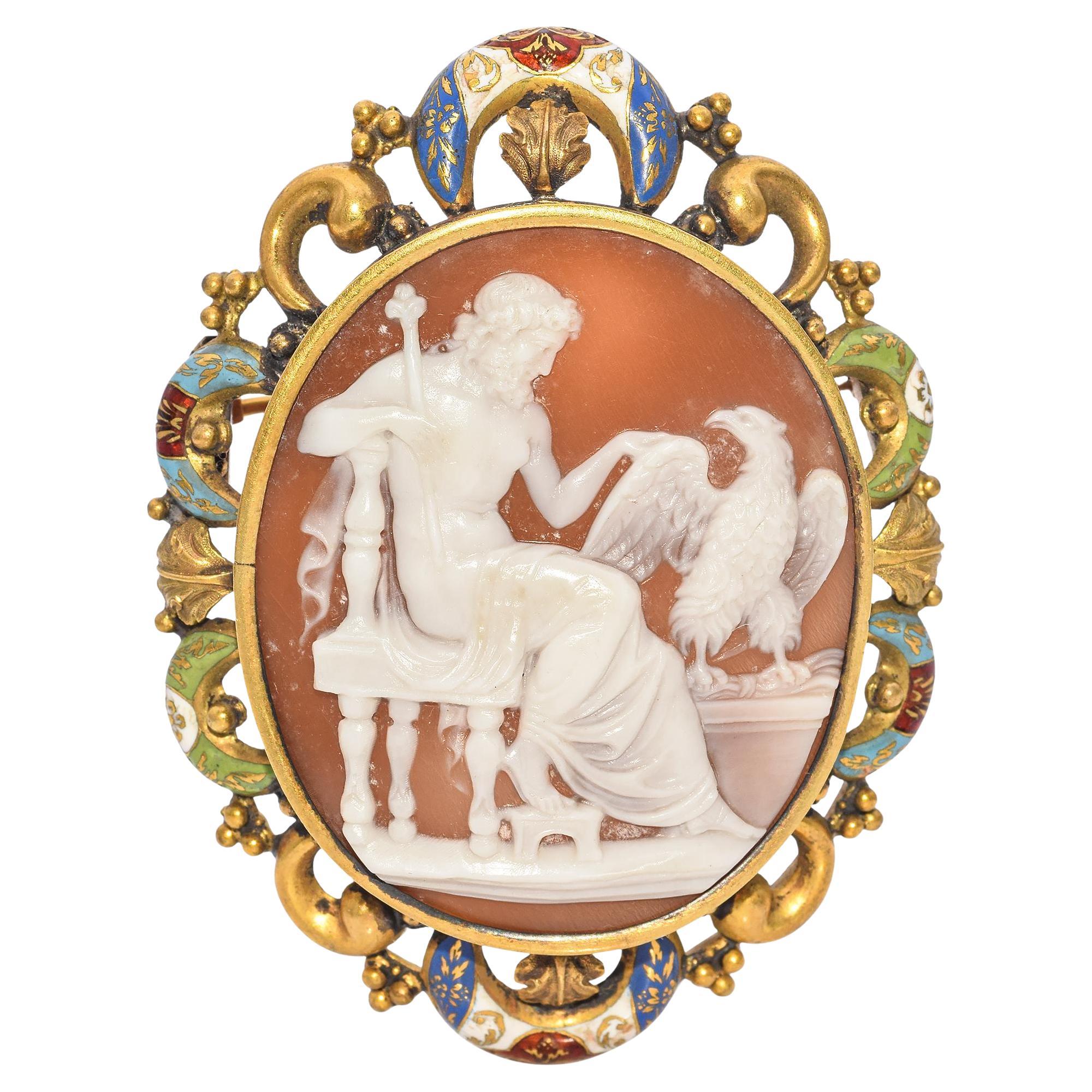 Antique Enthroned Zeus With His Eagle Yellow Gold and Enamel Cameo Brooch